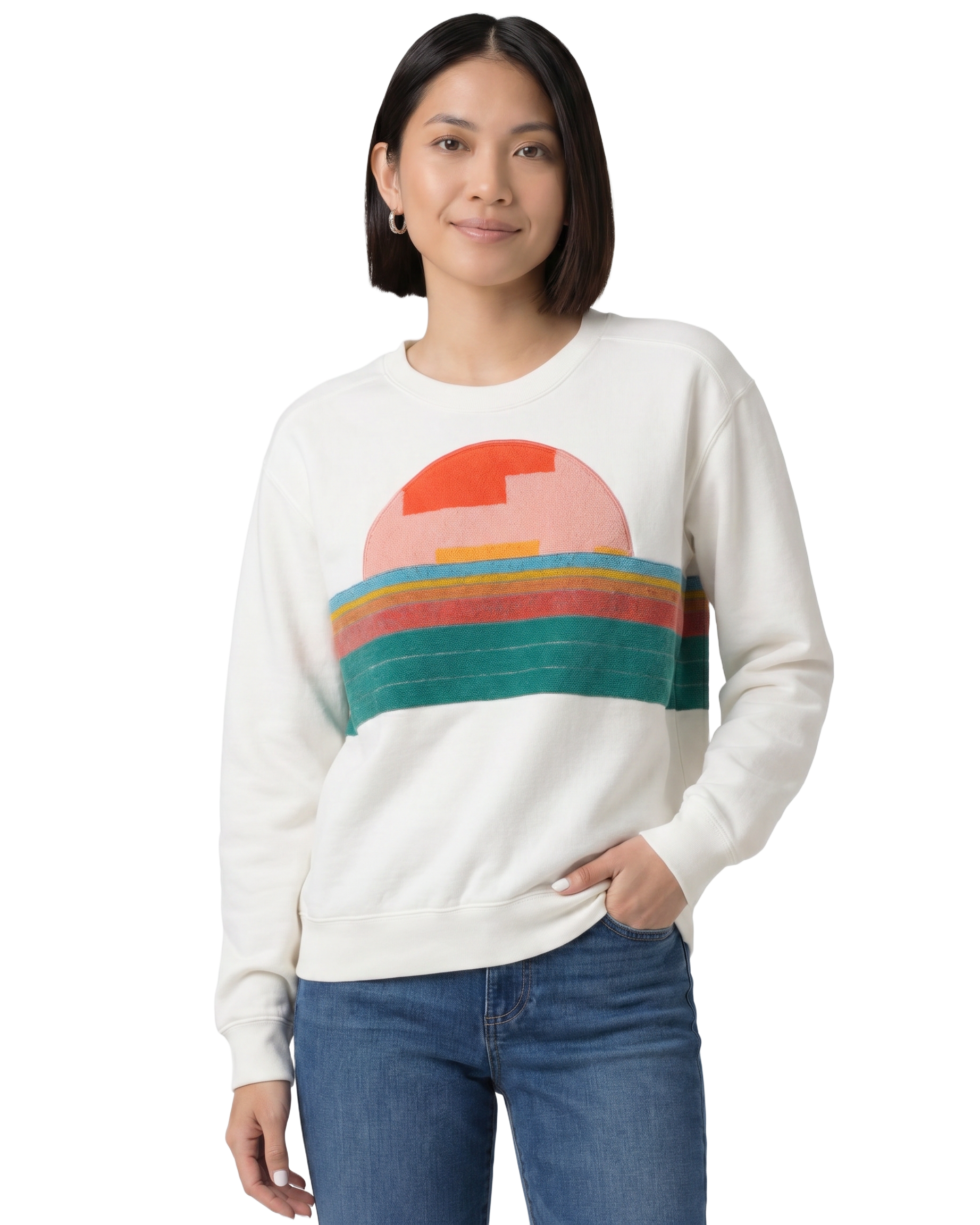 Small White Sunset Chaser "Vintage Shoreline" — one-of-a-kind upcycled vintage beach towel sweatshirt, handmade by Kspek
