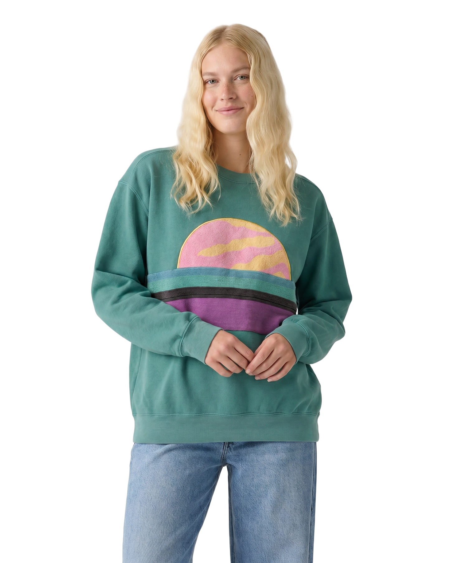 Medium Light Jade Sunset Chaser "Coastal Escape" — one-of-a-kind upcycled vintage beach towel sweatshirt, handmade by Kspek