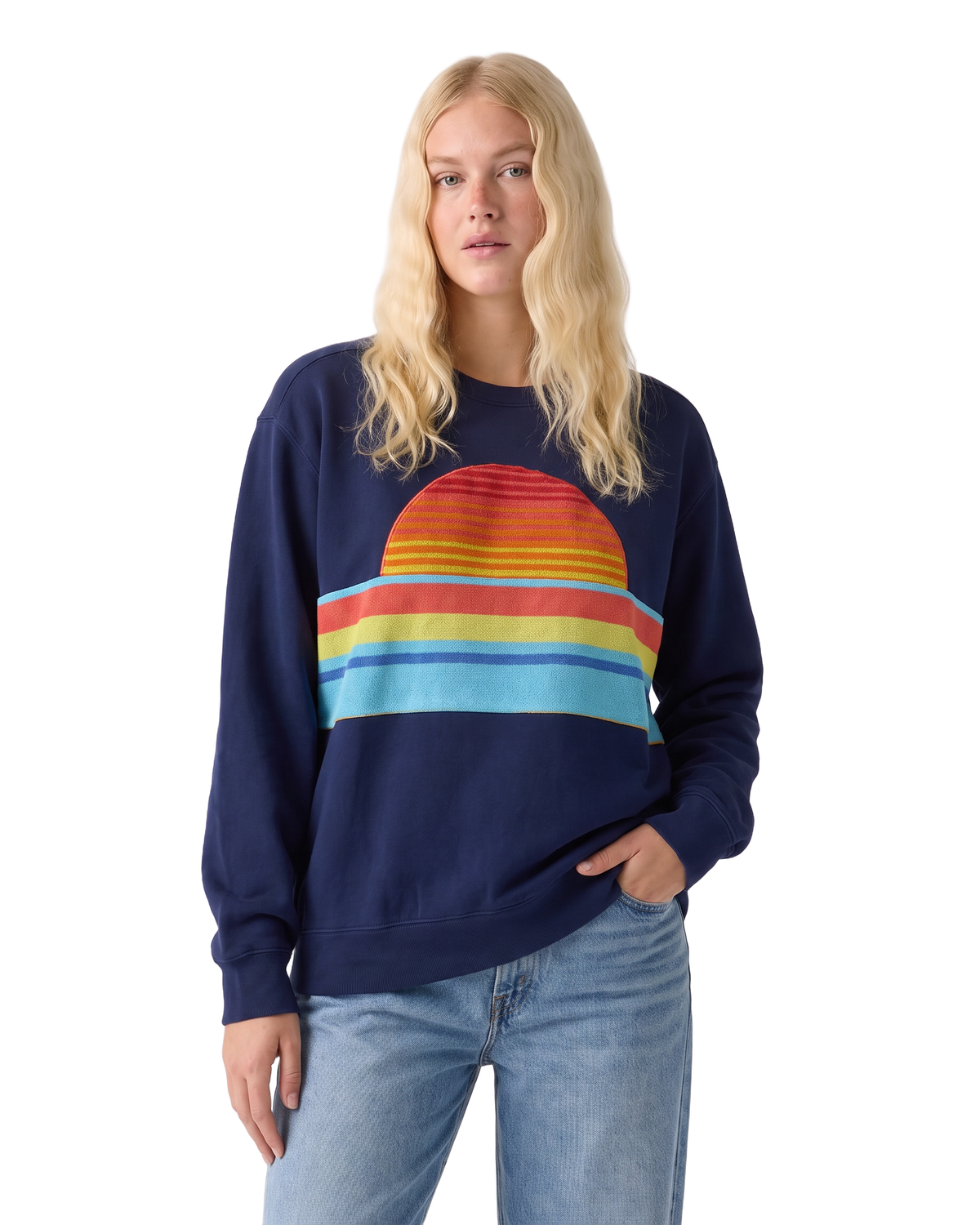 Medium Navy Sunset Chaser "Striped Solar Arc" — one-of-a-kind upcycled vintage beach towel sweatshirt, handmade by Kspek, view 2