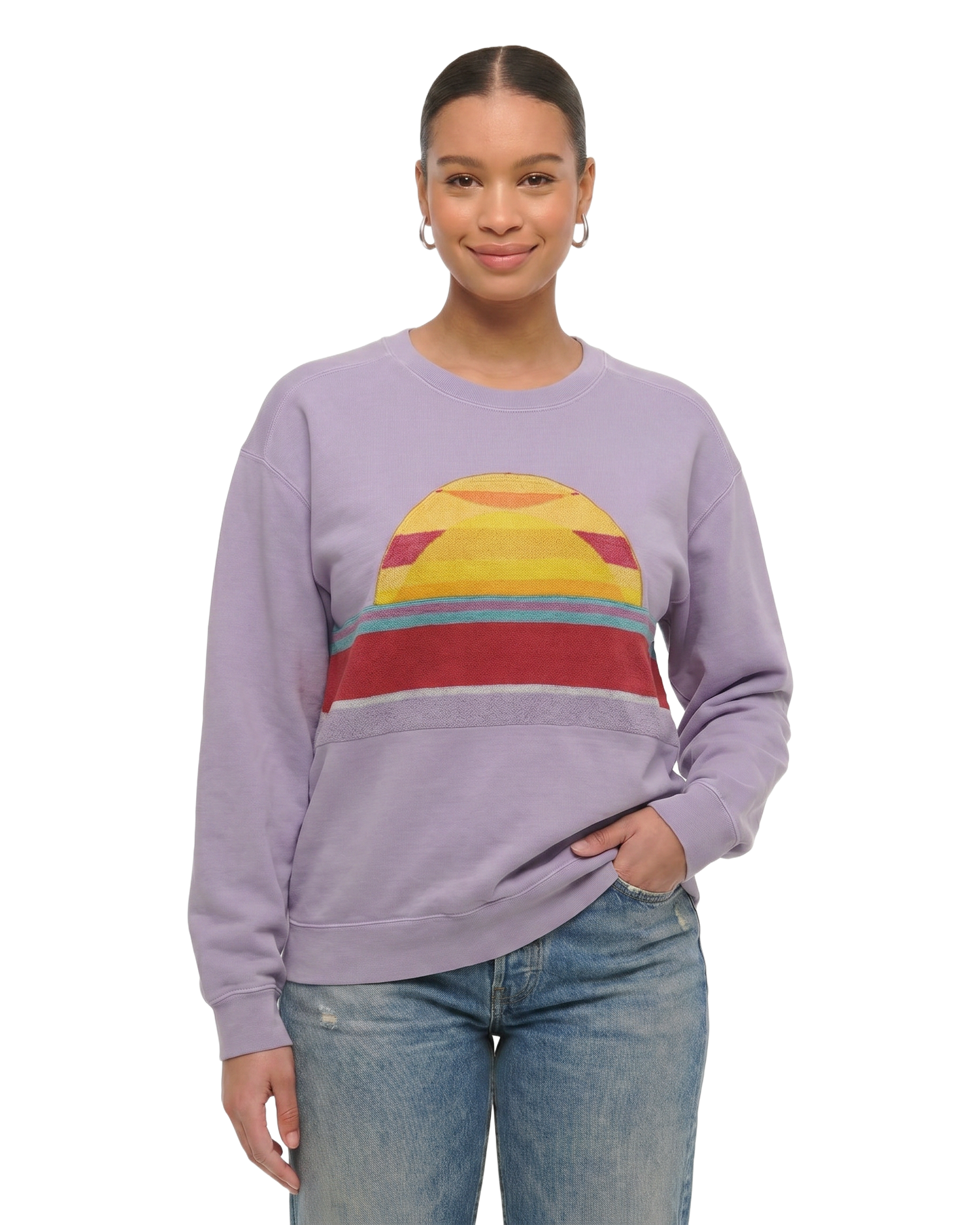 Large Lavender Sunset Chaser "Radiant Oasis" — one-of-a-kind upcycled vintage beach towel sweatshirt, handmade by Kspek