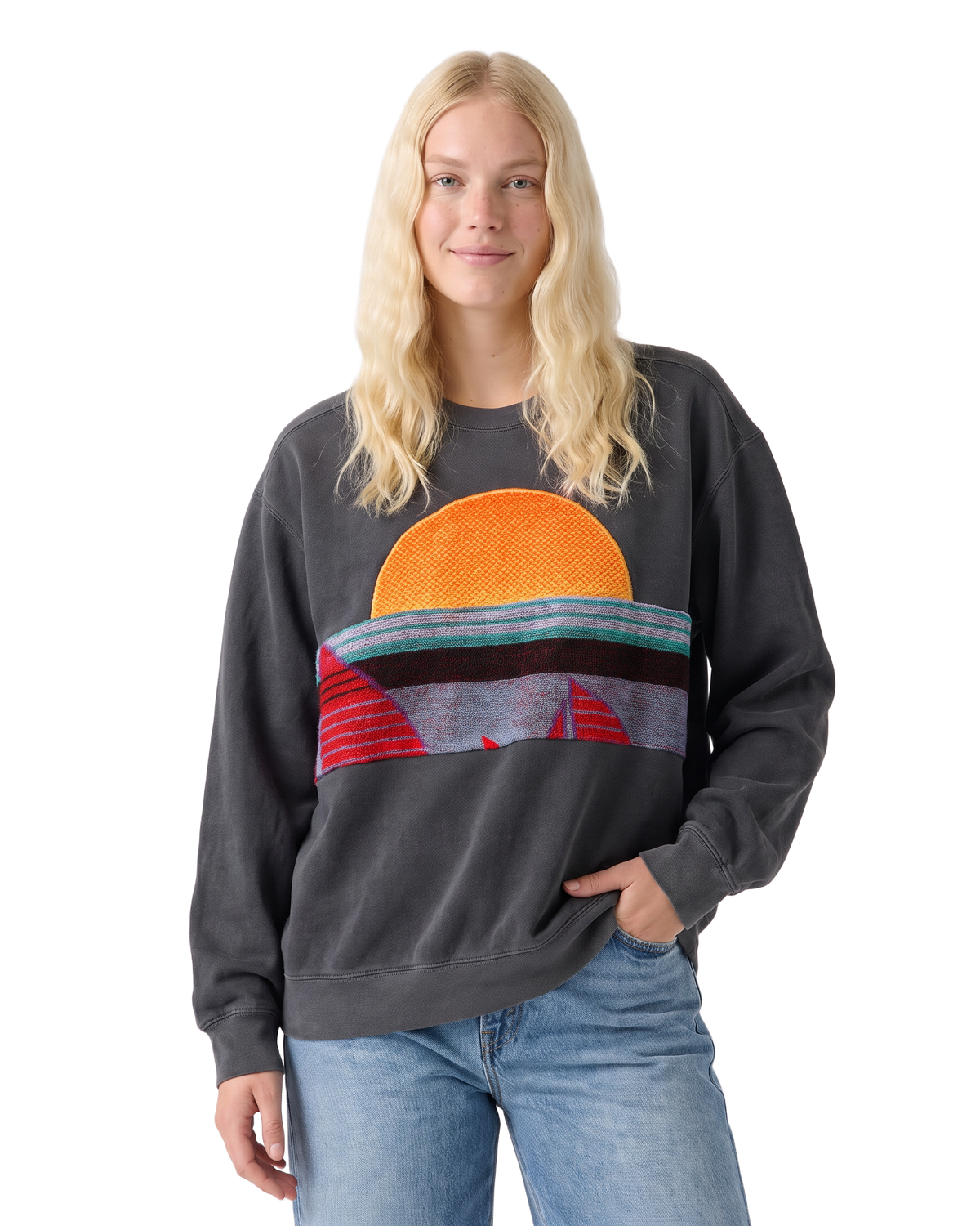 Medium Pepper Sunset Chaser "Sailboat Spectrum" — one-of-a-kind upcycled vintage beach towel sweatshirt, handmade by Kspek, view 2