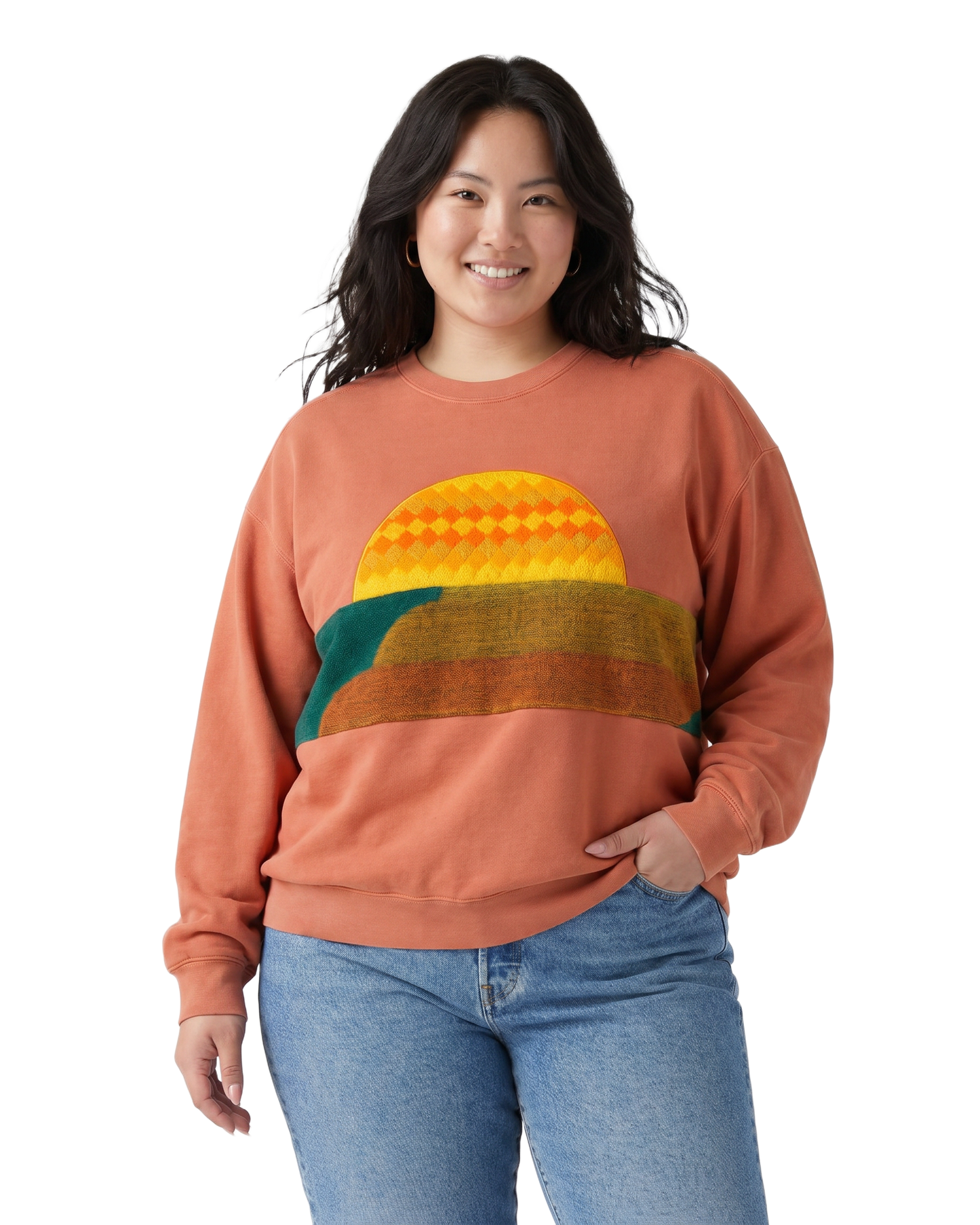 X-Large Terracotta Sunset Chaser "Coastal Horizon" — one-of-a-kind upcycled vintage beach towel sweatshirt, handmade by Kspek