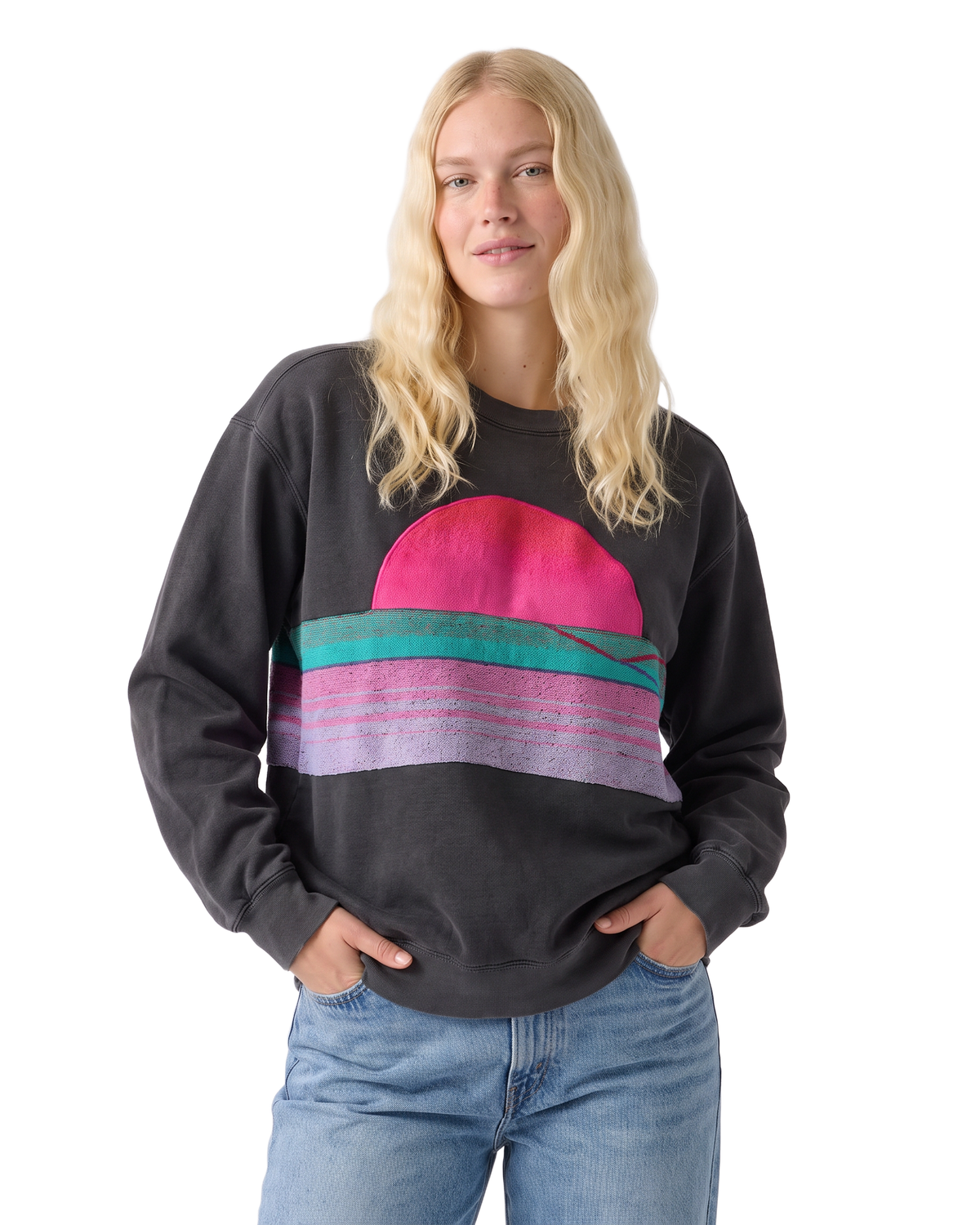 Medium Pepper Sunset Chaser "Neon Tranquil Bay" — one-of-a-kind upcycled vintage beach towel sweatshirt, handmade by Kspek, view 2