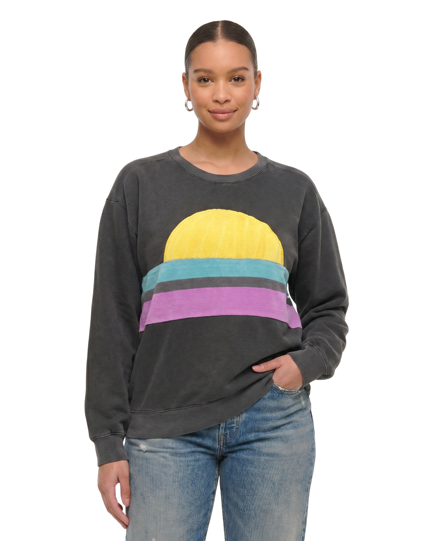 Large Pepper Sunset Chaser "Magenta Sunset" — one-of-a-kind upcycled vintage beach towel sweatshirt, handmade by Kspek