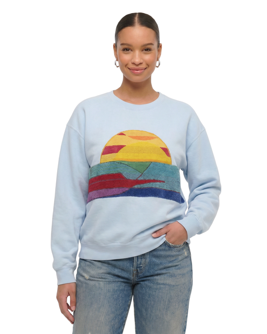 Large Aqua Sunset Chaser "Radiant Coastline" — one-of-a-kind upcycled vintage beach towel sweatshirt, handmade by Kspek