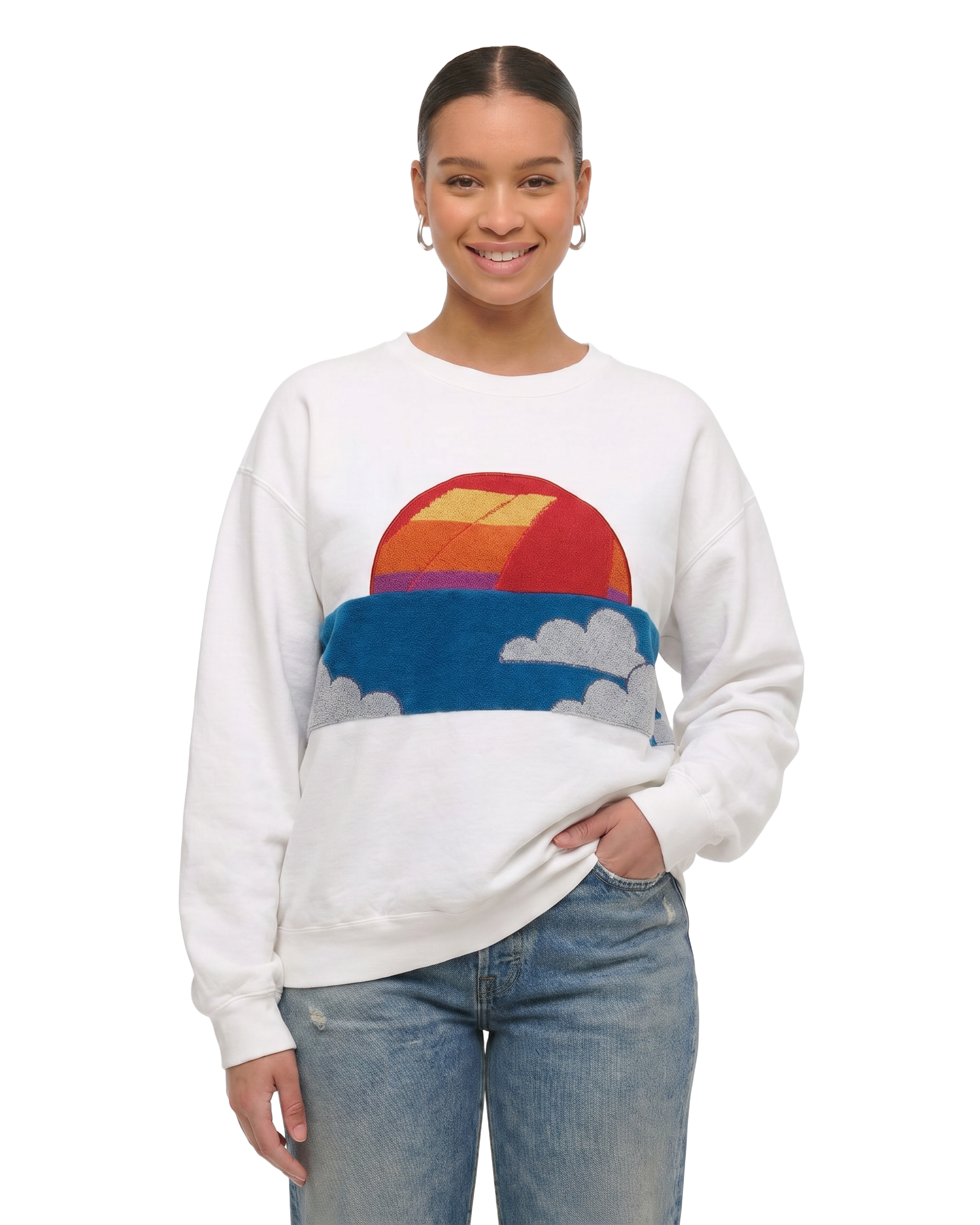 Large White Sunset Chaser "Coastal Horizon" — one-of-a-kind upcycled vintage beach towel sweatshirt, handmade by Kspek