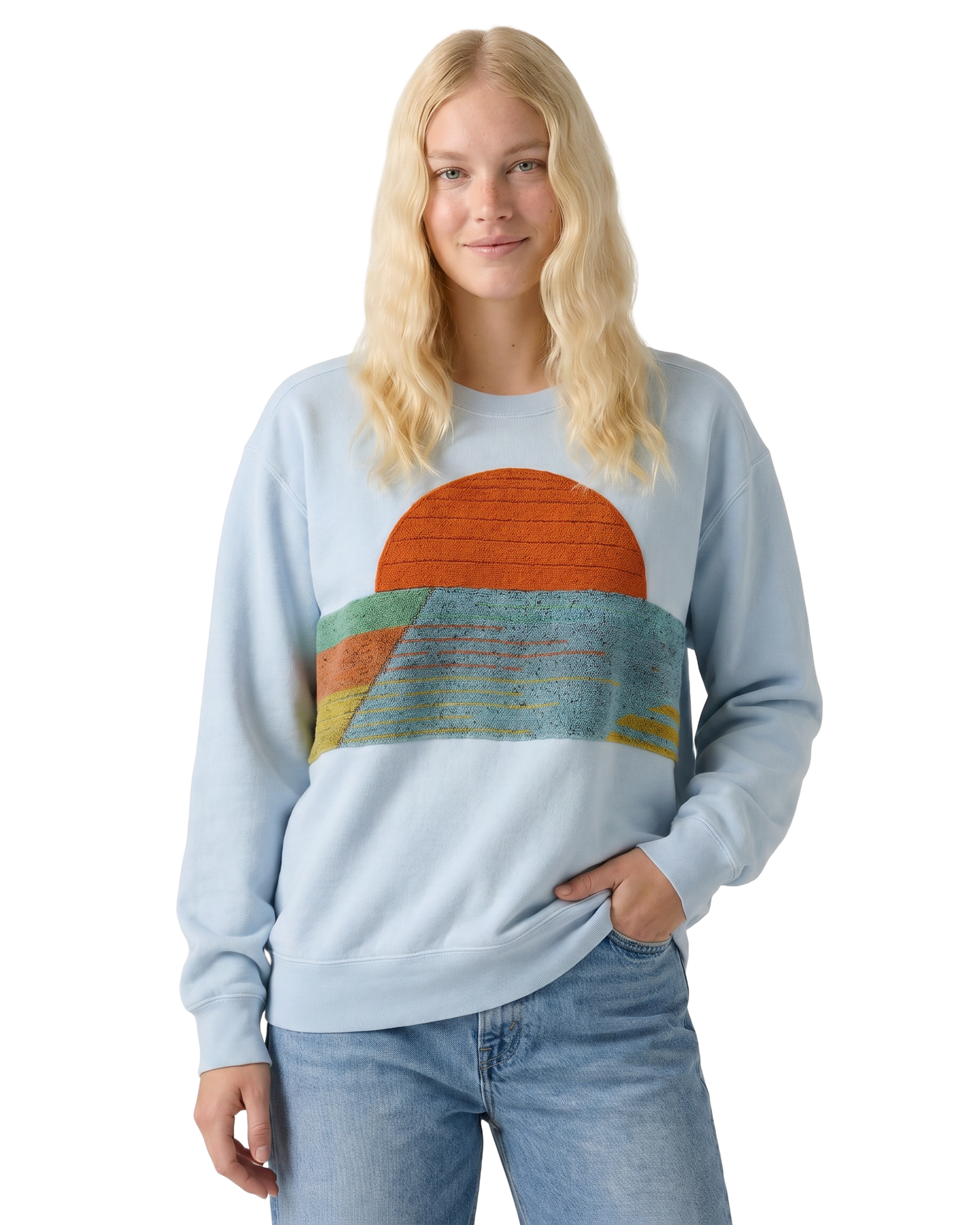 Medium Aqua Sunset Chaser "Horizon Dreamscape" — one-of-a-kind upcycled vintage beach towel sweatshirt, handmade by Kspek