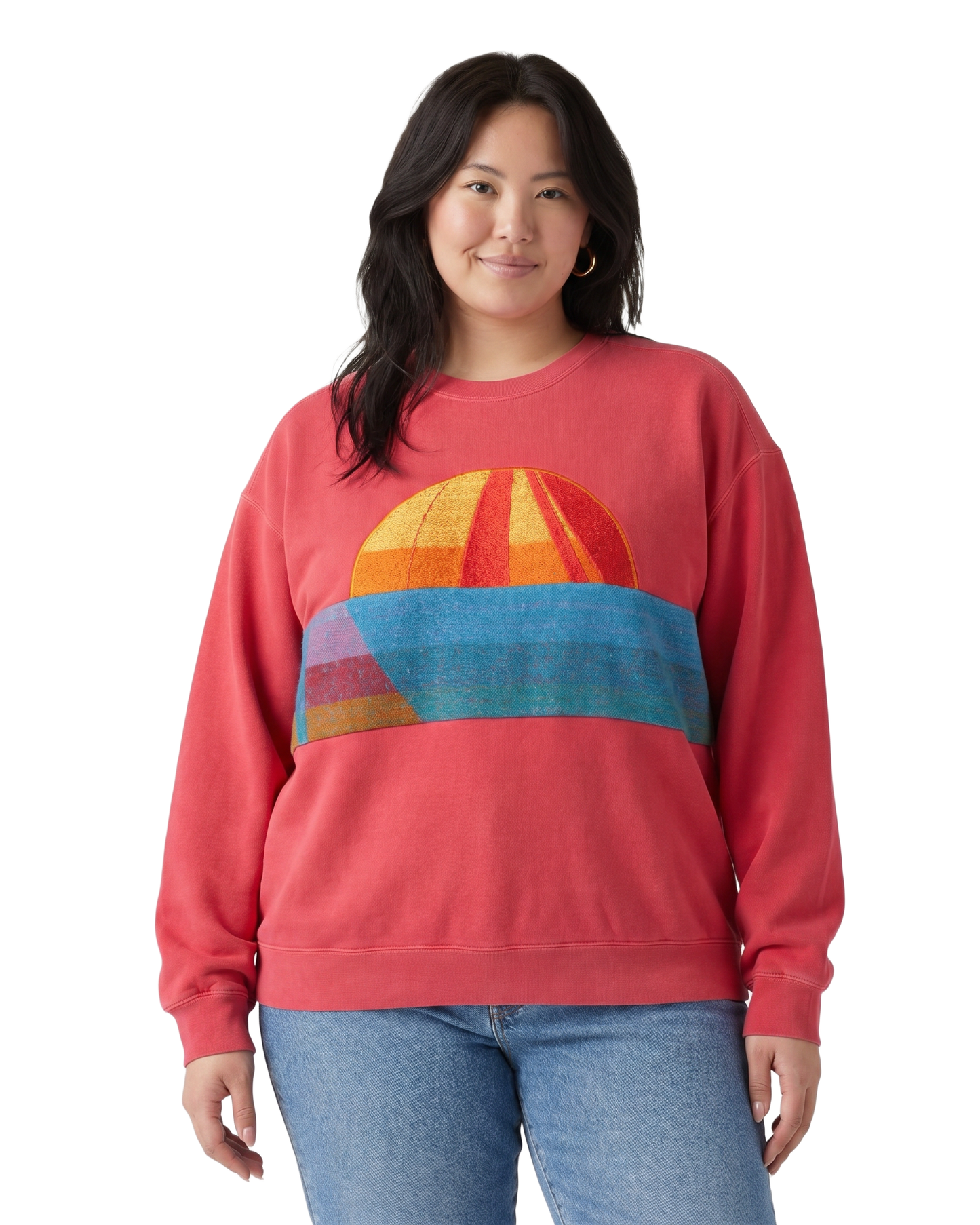 X-Large Watermelon Sunset Chaser "Sunset Sailor" — one-of-a-kind upcycled vintage beach towel sweatshirt, handmade by Kspek