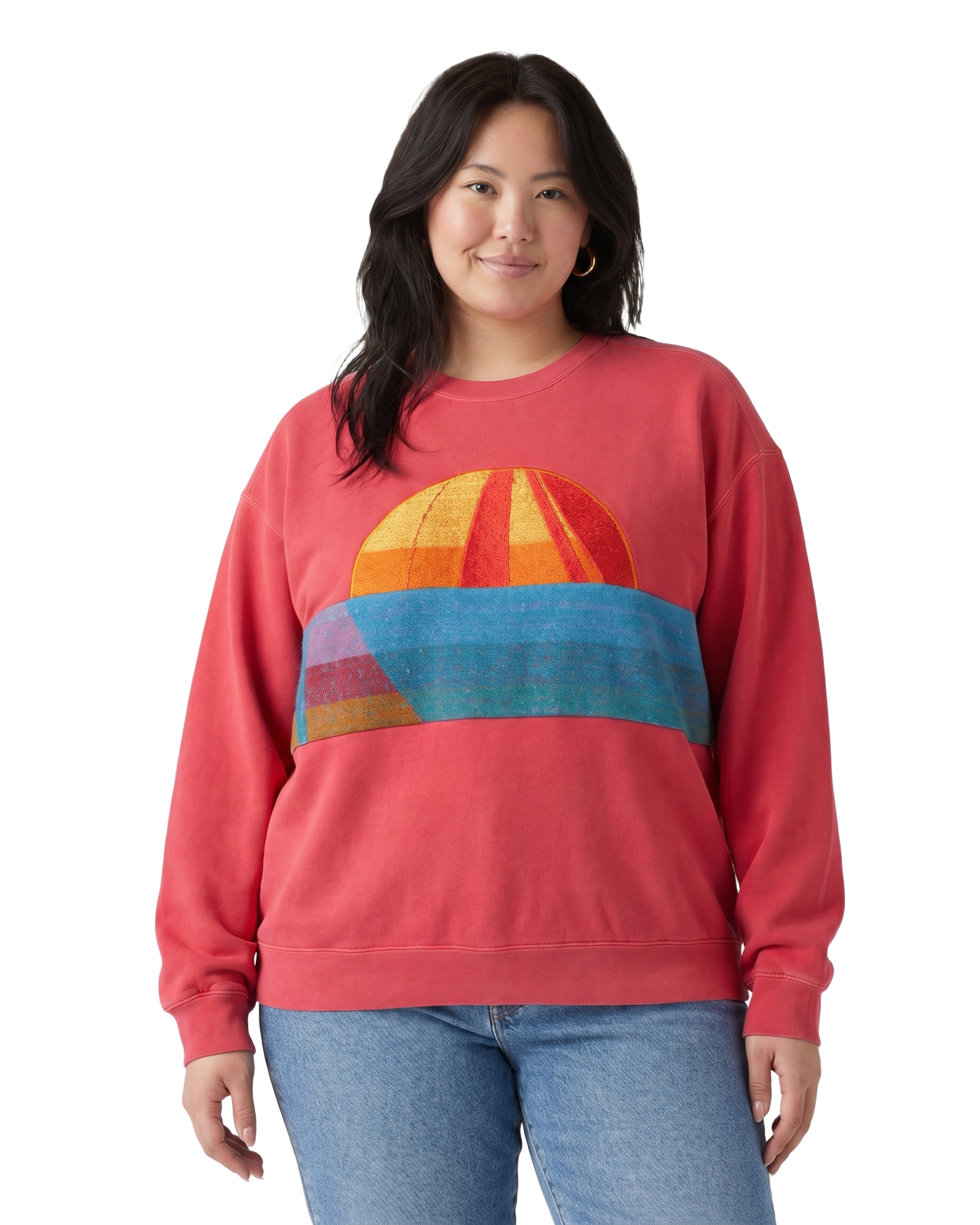 X-Large Watermelon Sunset Chaser "Sunset Sailor" — one-of-a-kind upcycled vintage beach towel sweatshirt, handmade by Kspek