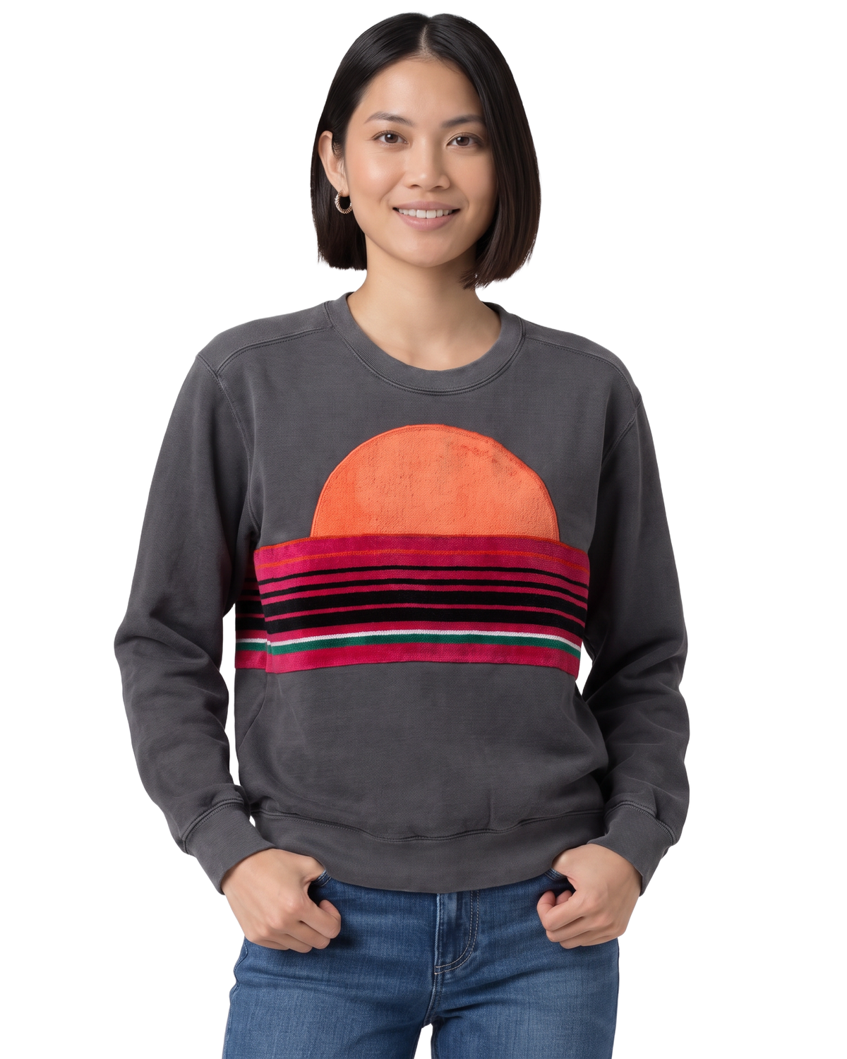 Small Pepper Sunset Chaser "Striped Sun Arch" — one-of-a-kind upcycled vintage beach towel sweatshirt, handmade by Kspek, view 2