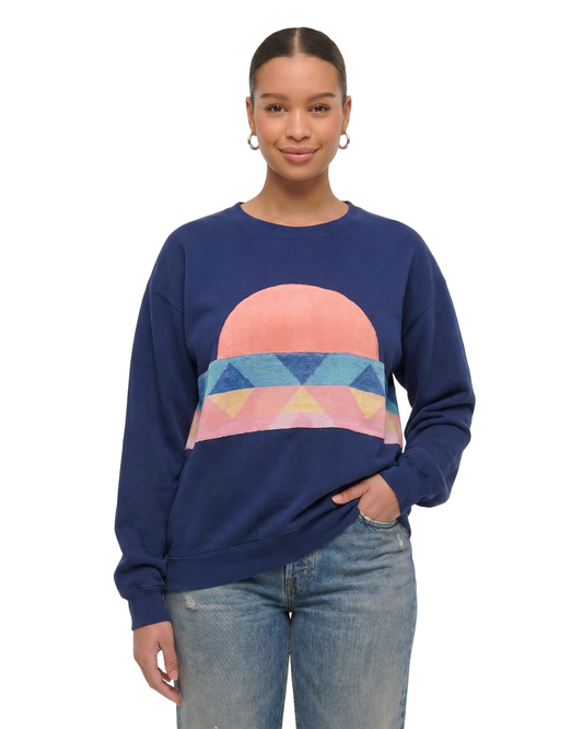 Large Navy Sunset Chaser "Horizon Bliss" — one-of-a-kind upcycled vintage beach towel sweatshirt, handmade by Kspek