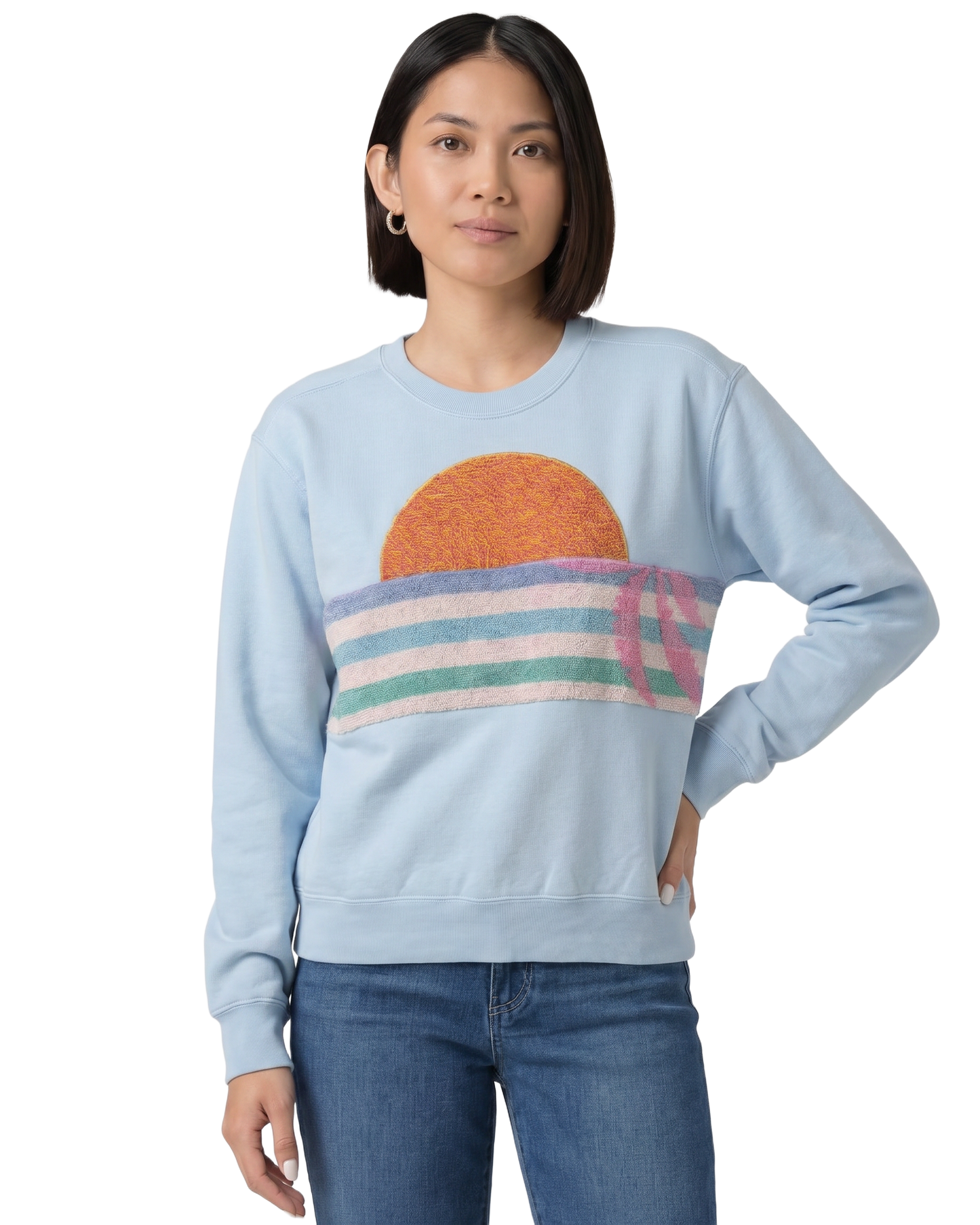 Small Aqua Sunset Chaser "Sunset Serenity" — one-of-a-kind upcycled vintage beach towel sweatshirt, handmade by Kspek