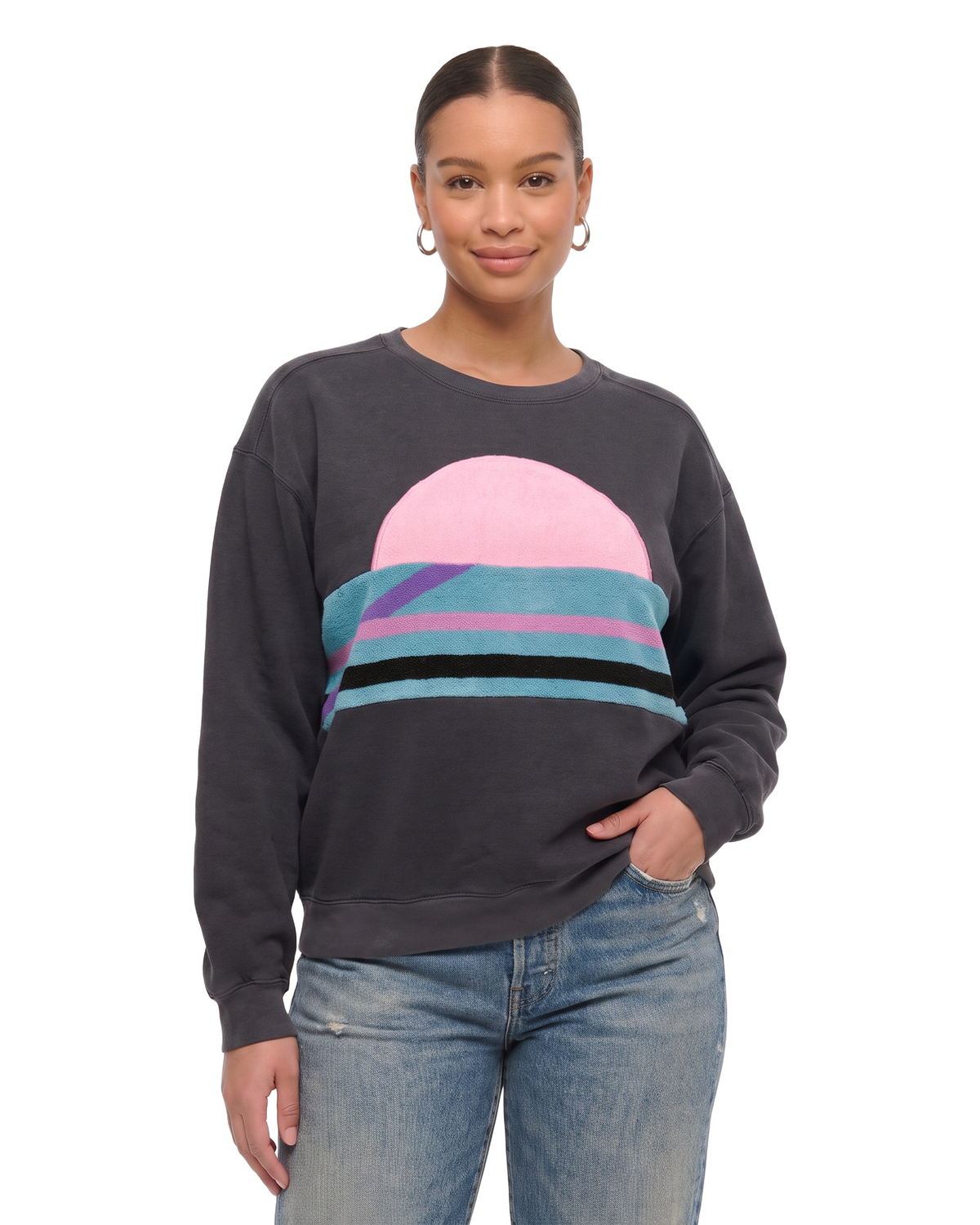 Large Pepper Sunset Chaser "Retro Sunset Blues" — one-of-a-kind upcycled vintage beach towel sweatshirt, handmade by Kspek, view 2