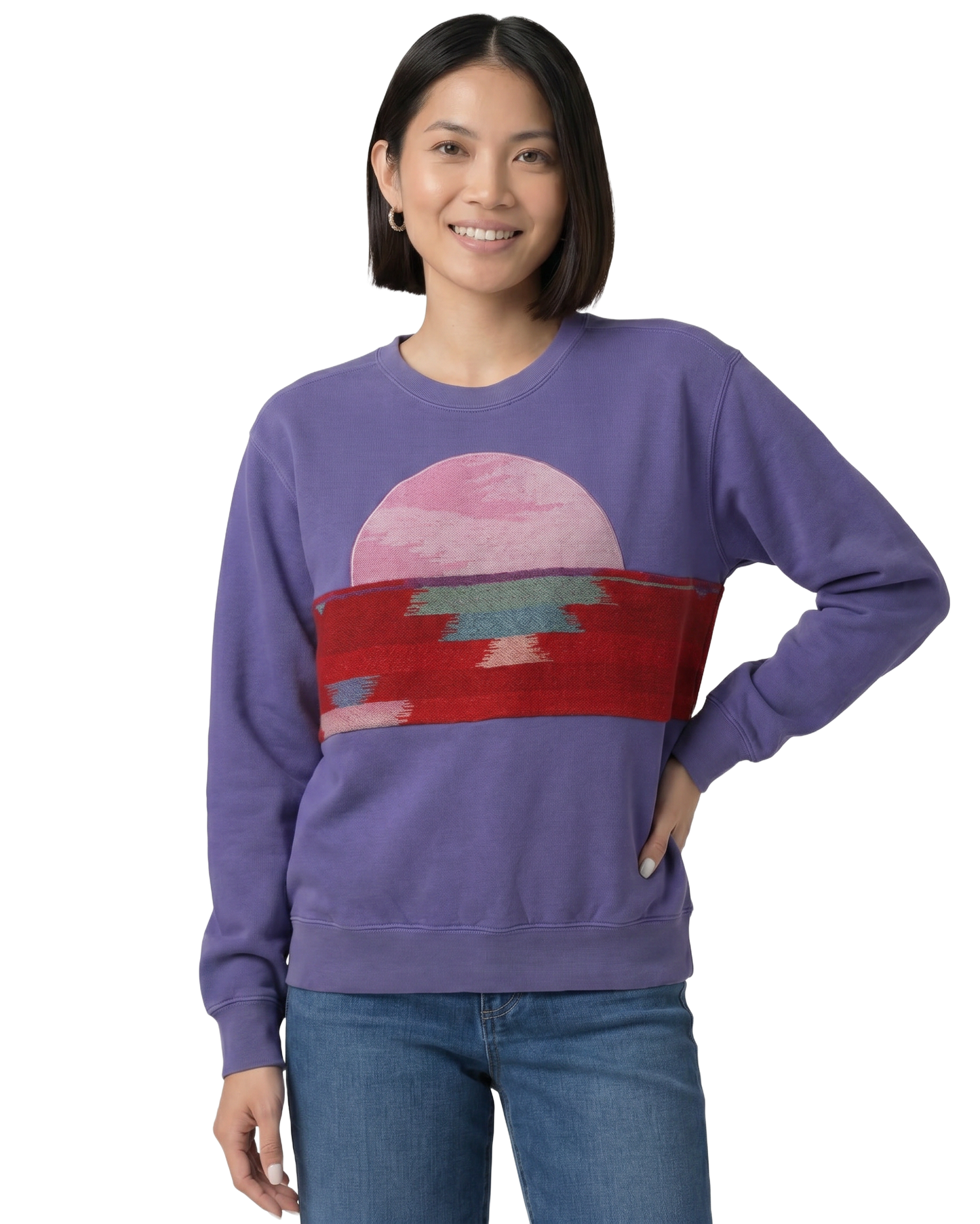 Small Lavender Sunset Chaser "Mountain Tide" — one-of-a-kind upcycled vintage beach towel sweatshirt, handmade by Kspek
