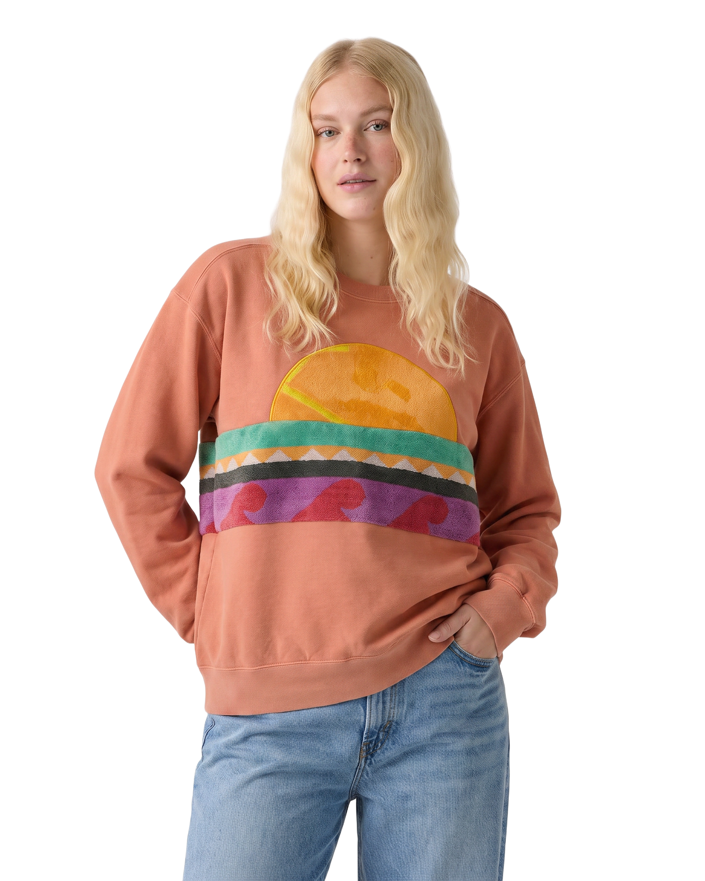 Medium Terracotta Sunset Chaser "Retro Shoreline Drifter" — one-of-a-kind upcycled vintage beach towel sweatshirt, handmade by Kspek