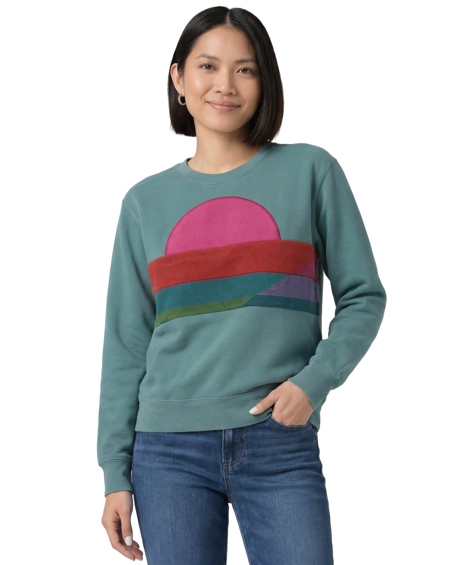 Small Light Jade Sunset Chaser "Vibrant Vibes" — one-of-a-kind upcycled vintage beach towel sweatshirt, handmade by Kspek
