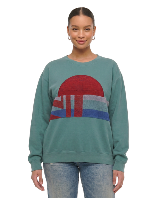 Large Light Jade Sunset Chaser "Retro Radiance" — one-of-a-kind upcycled vintage beach towel sweatshirt, handmade by Kspek