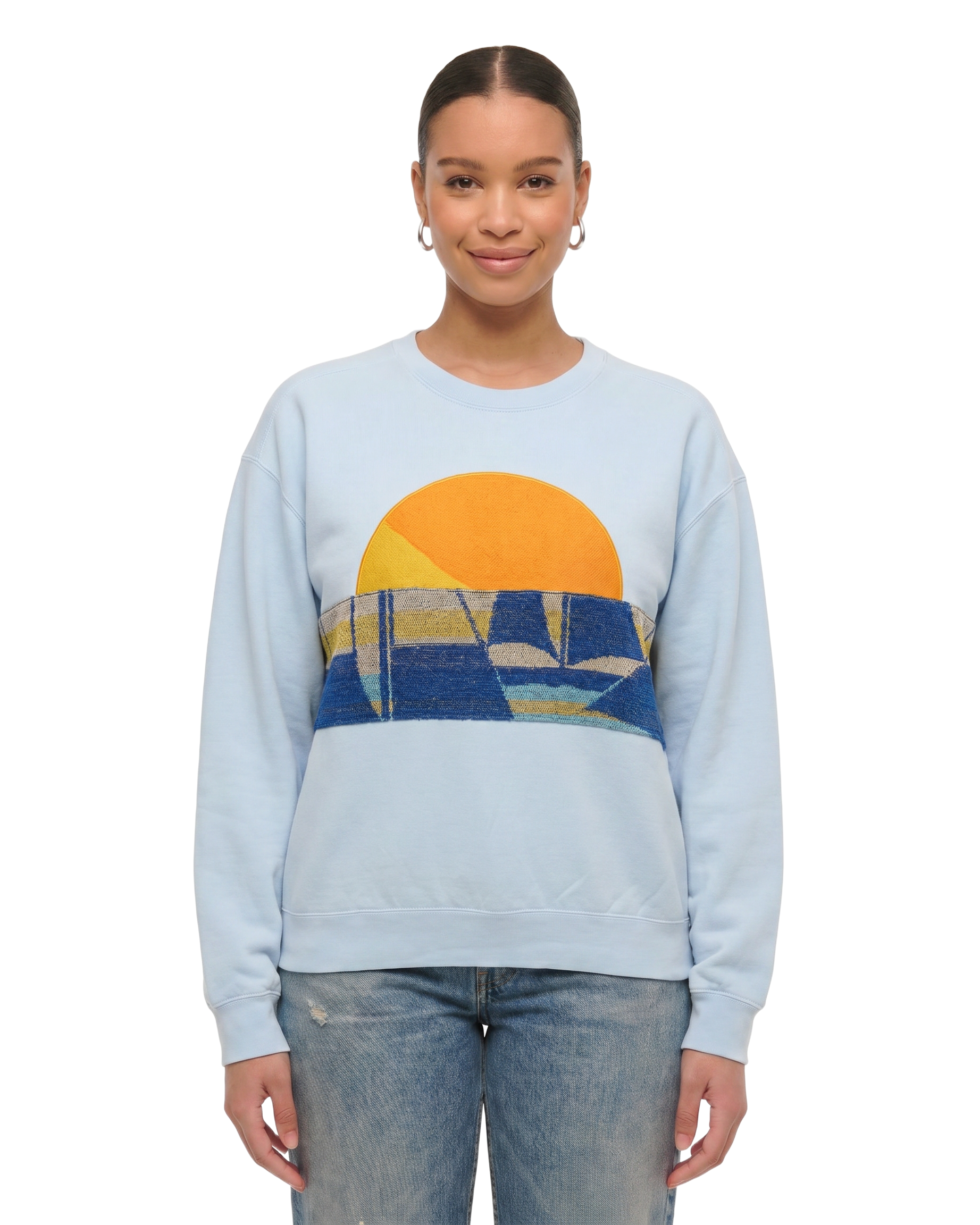 Large Aqua Sunset Chaser "Tide Traveler" — one-of-a-kind upcycled vintage beach towel sweatshirt, handmade by Kspek