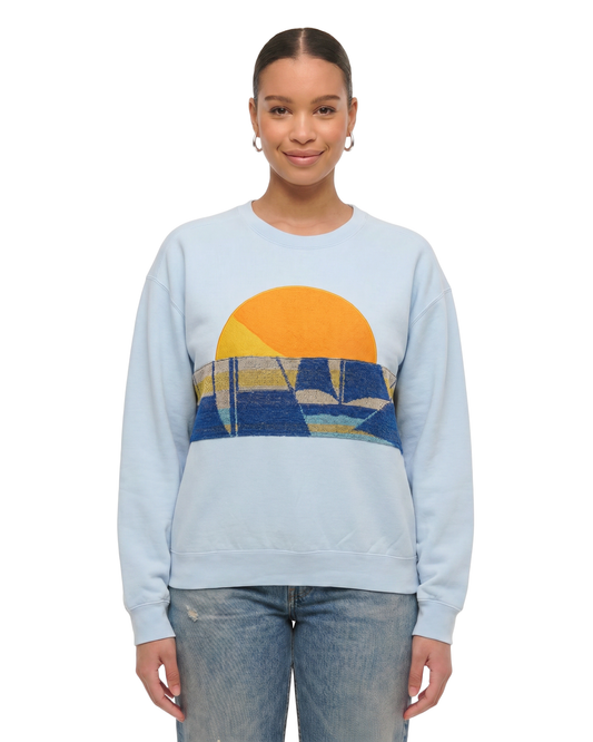 Large Aqua Sunset Chaser "Tide Traveler" — one-of-a-kind upcycled vintage beach towel sweatshirt, handmade by Kspek