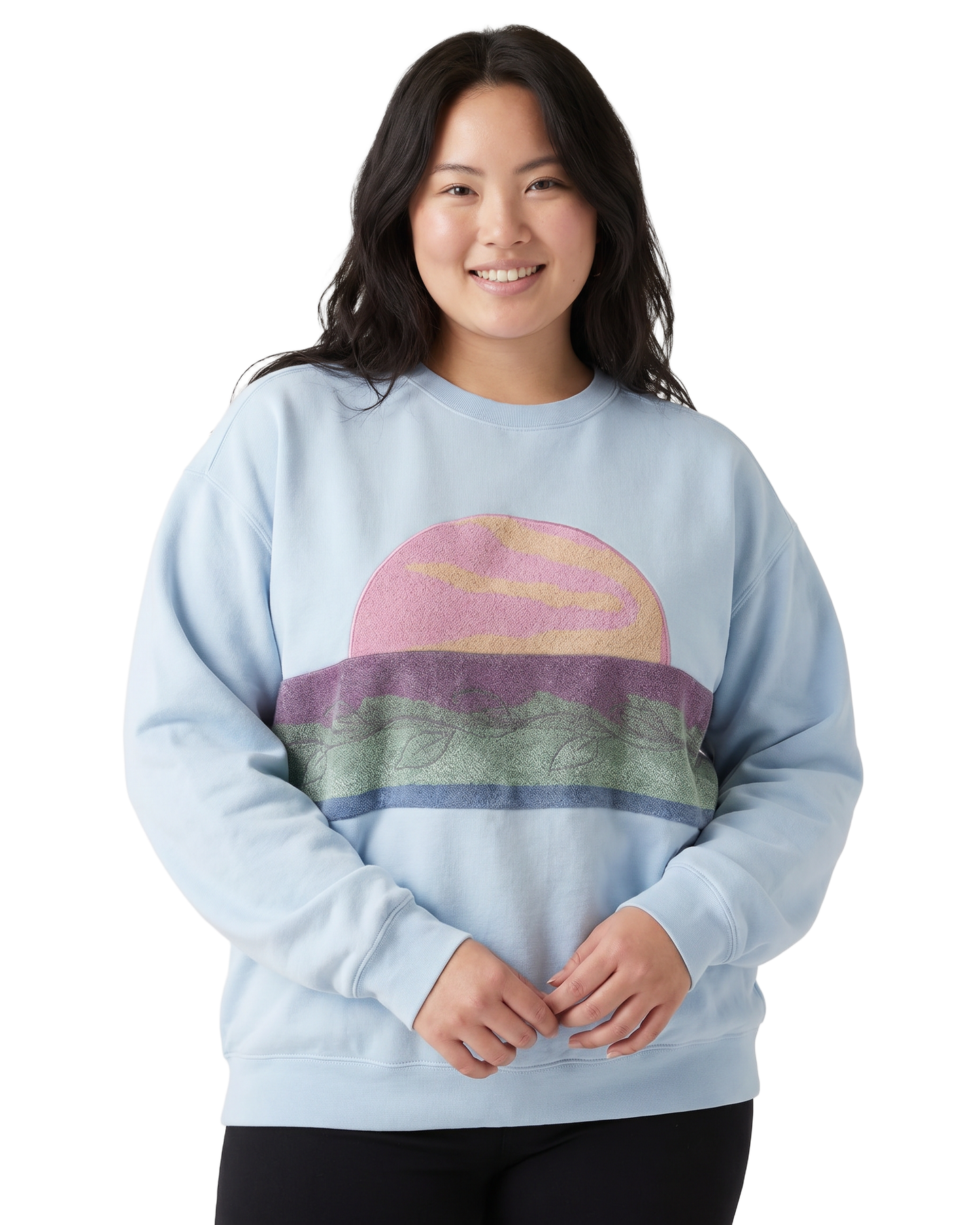 X-Large Aqua Sunset Chaser "Horizon Bliss" — one-of-a-kind upcycled vintage beach towel sweatshirt, handmade by Kspek