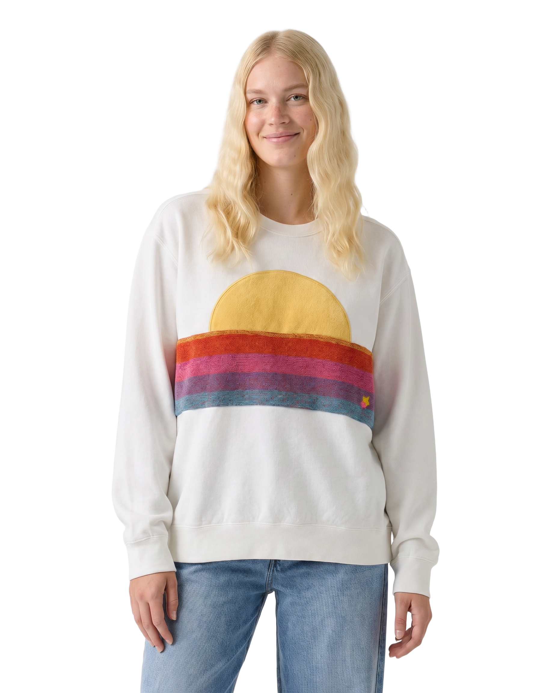 Medium White Sunset Chaser "Miniature Oasis" — one-of-a-kind upcycled vintage beach towel sweatshirt, handmade by Kspek