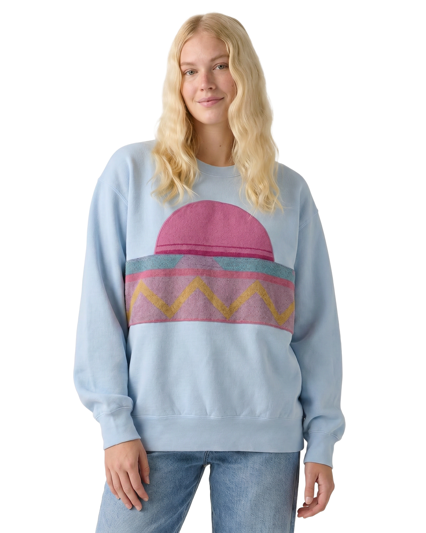 Medium Aqua Sunset Chaser "Cactus Glow" — one-of-a-kind upcycled vintage beach towel sweatshirt, handmade by Kspek
