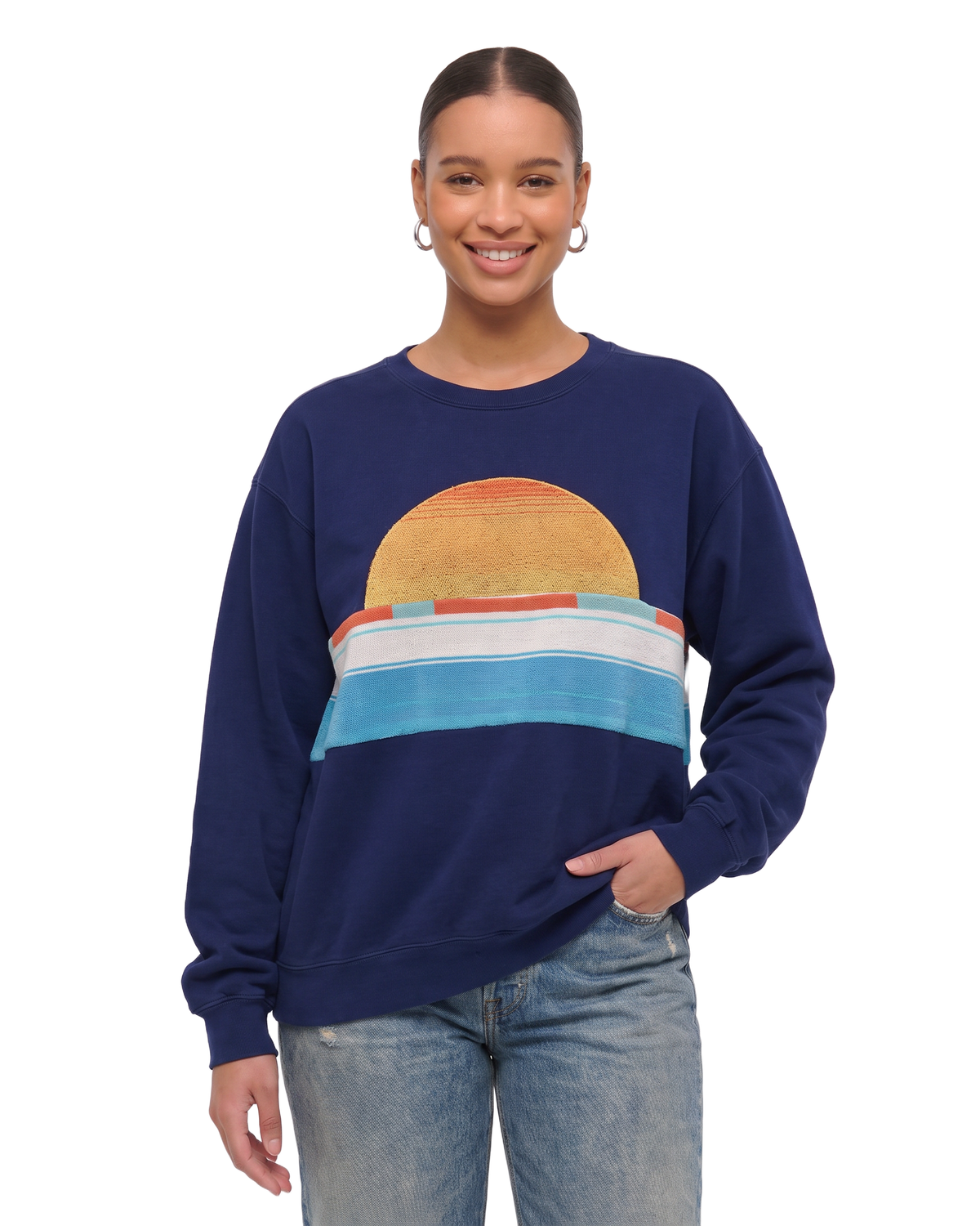 Large Navy Sunset Chaser "Striped Ocean Crest" — one-of-a-kind upcycled vintage beach towel sweatshirt, handmade by Kspek, view 2