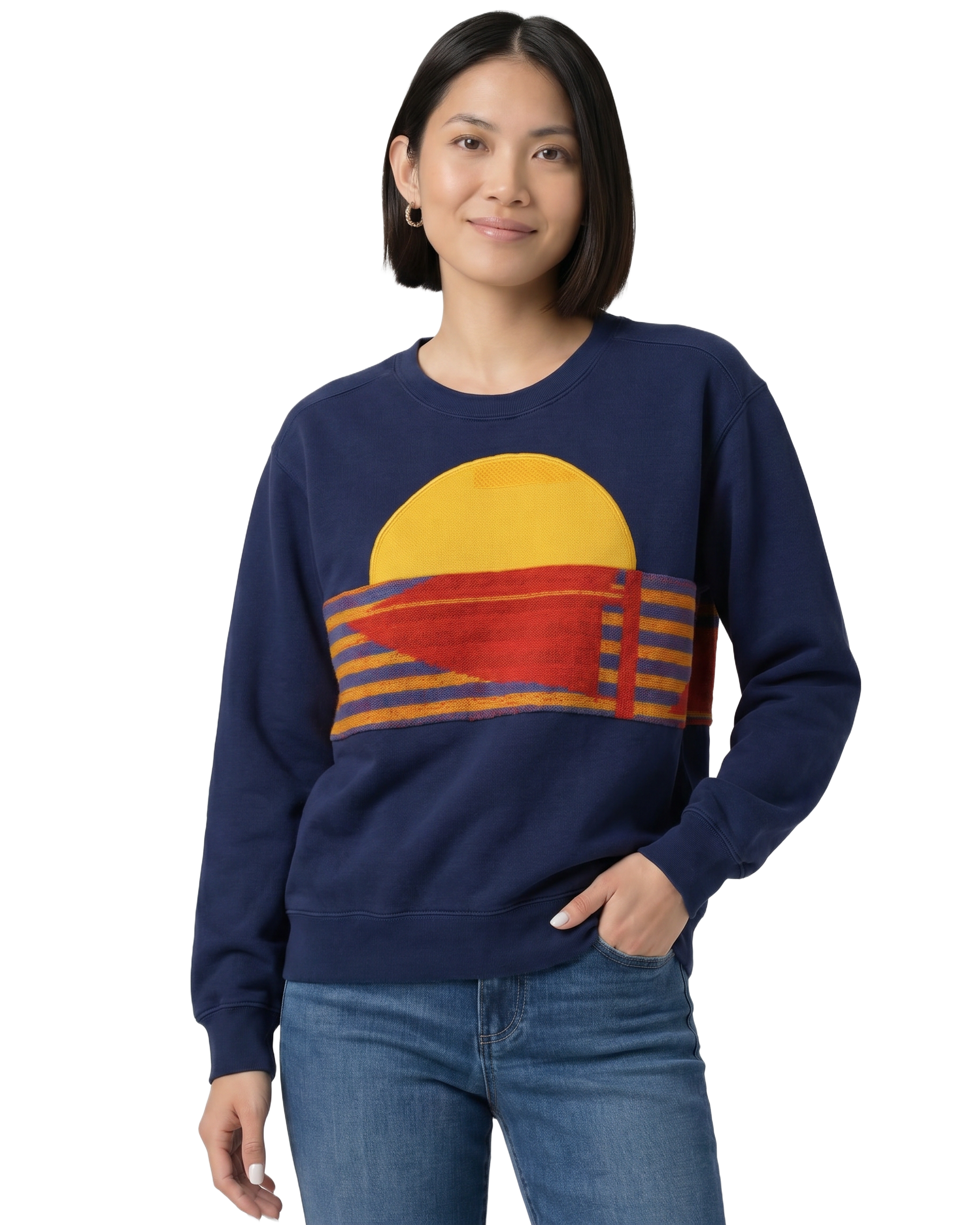 Small Navy Sunset Chaser "Sunrise Vibes" — one-of-a-kind upcycled vintage beach towel sweatshirt, handmade by Kspek