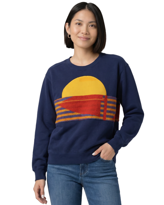 Small Navy Sunset Chaser "Sunrise Vibes" — one-of-a-kind upcycled vintage beach towel sweatshirt, handmade by Kspek