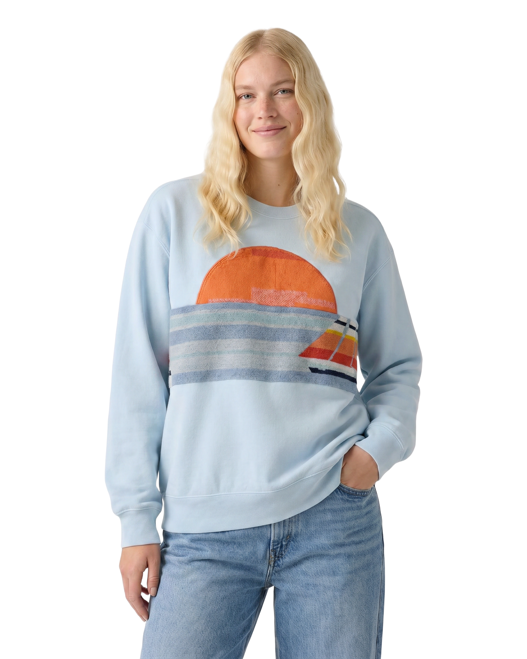 Medium Aqua Sunset Chaser "Retro Coastline" — one-of-a-kind upcycled vintage beach towel sweatshirt, handmade by Kspek