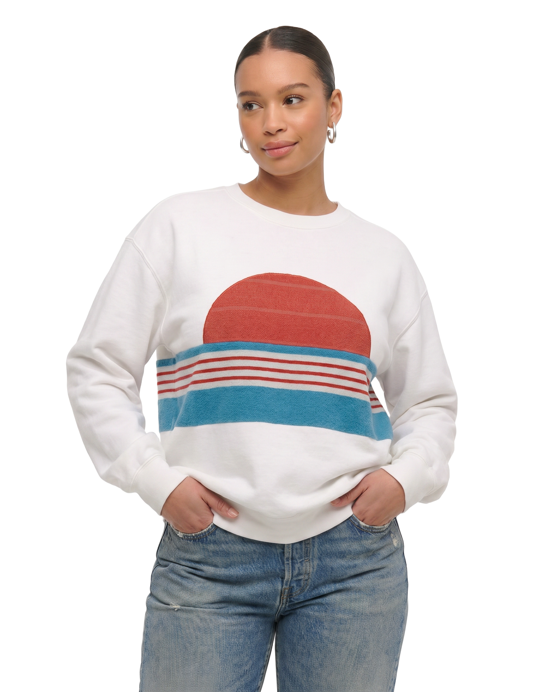 Large White Sunset Chaser "Coastal Sunrise" — one-of-a-kind upcycled vintage beach towel sweatshirt, handmade by Kspek