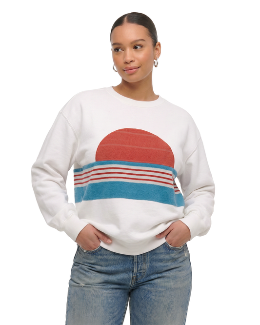 Large White Sunset Chaser "Coastal Sunrise" — one-of-a-kind upcycled vintage beach towel sweatshirt, handmade by Kspek
