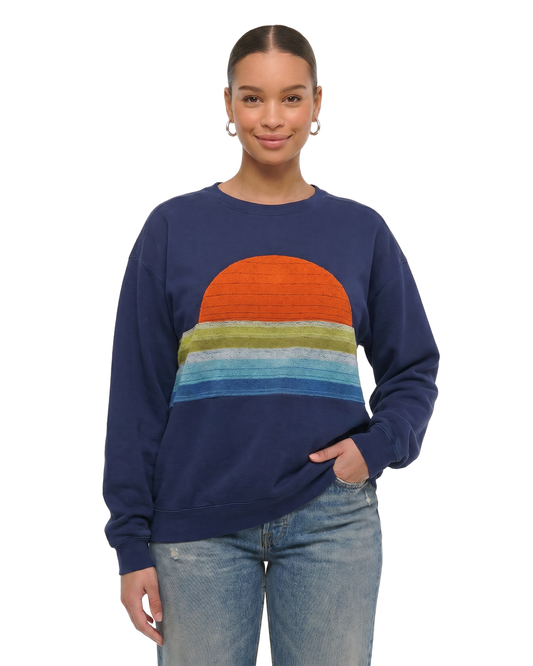 Large Navy Sunset Chaser "Retro Horizon" — one-of-a-kind upcycled vintage beach towel sweatshirt, handmade by Kspek
