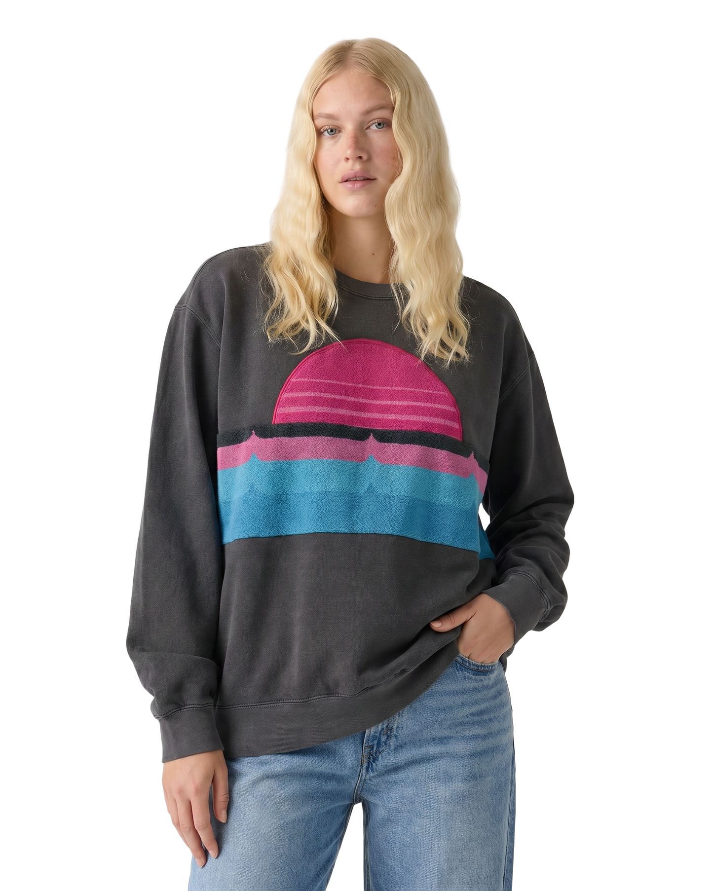 Medium Pepper Sunset Chaser "Sunset Escape" — one-of-a-kind upcycled vintage beach towel sweatshirt, handmade by Kspek