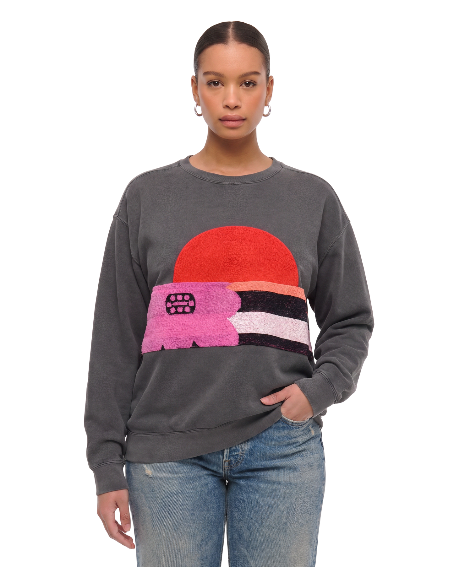 Large Pepper Sunset Chaser "Blooming Sunset" — one-of-a-kind upcycled vintage beach towel sweatshirt, handmade by Kspek, view 2