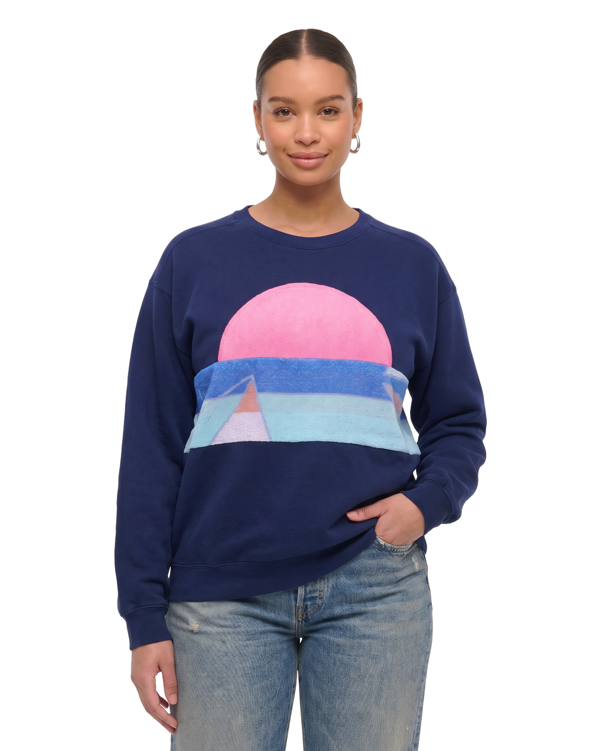 Large Navy Sunset Chaser "Pink Sail Silhouette" — one-of-a-kind upcycled vintage beach towel sweatshirt, handmade by Kspek, view 2