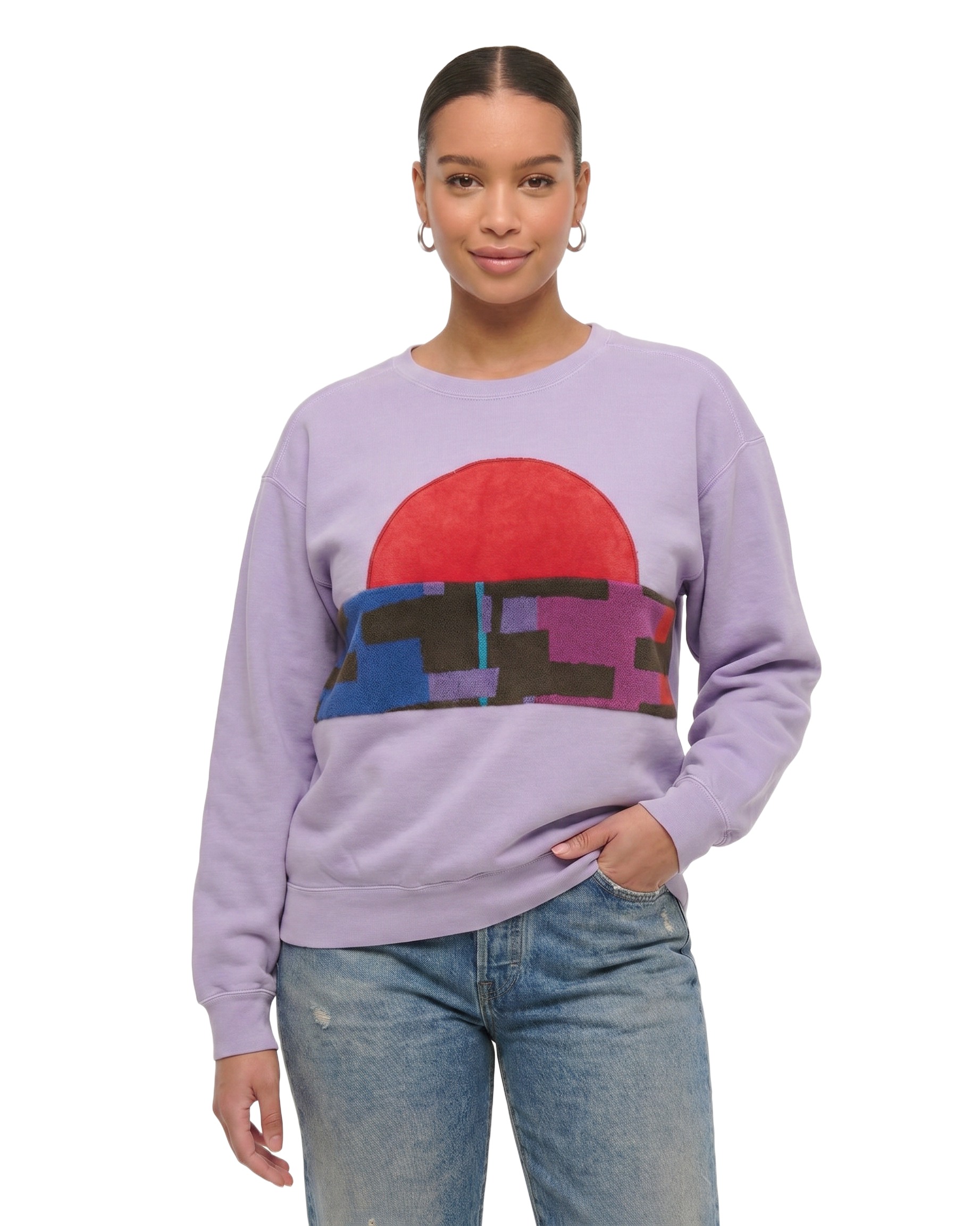 Large Lavender Sunset Chaser "Desert Vibes" — one-of-a-kind upcycled vintage beach towel sweatshirt, handmade by Kspek