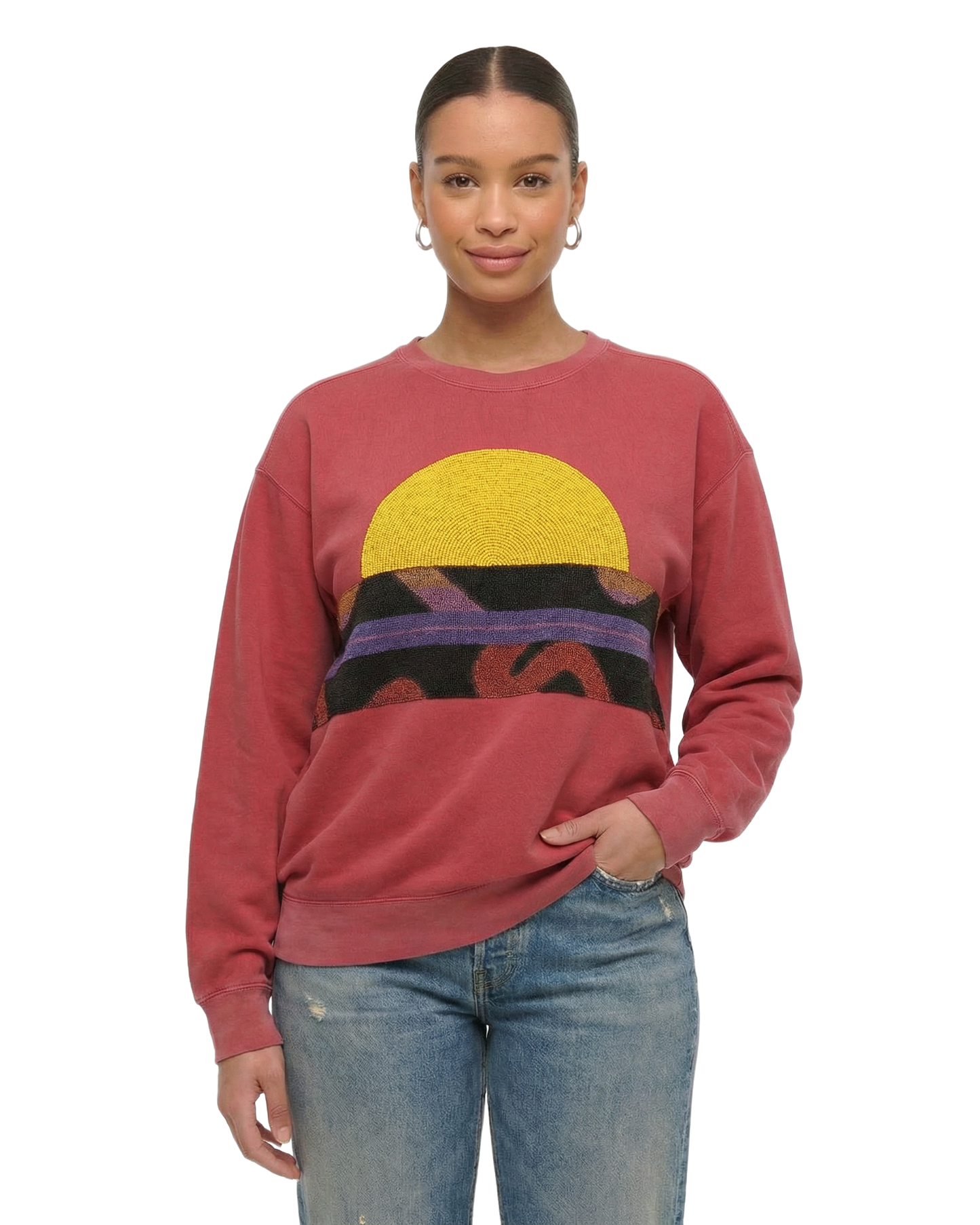 Large Watermelon Sunset Chaser "Roller Girl" — one-of-a-kind upcycled vintage beach towel sweatshirt, handmade by Kspek