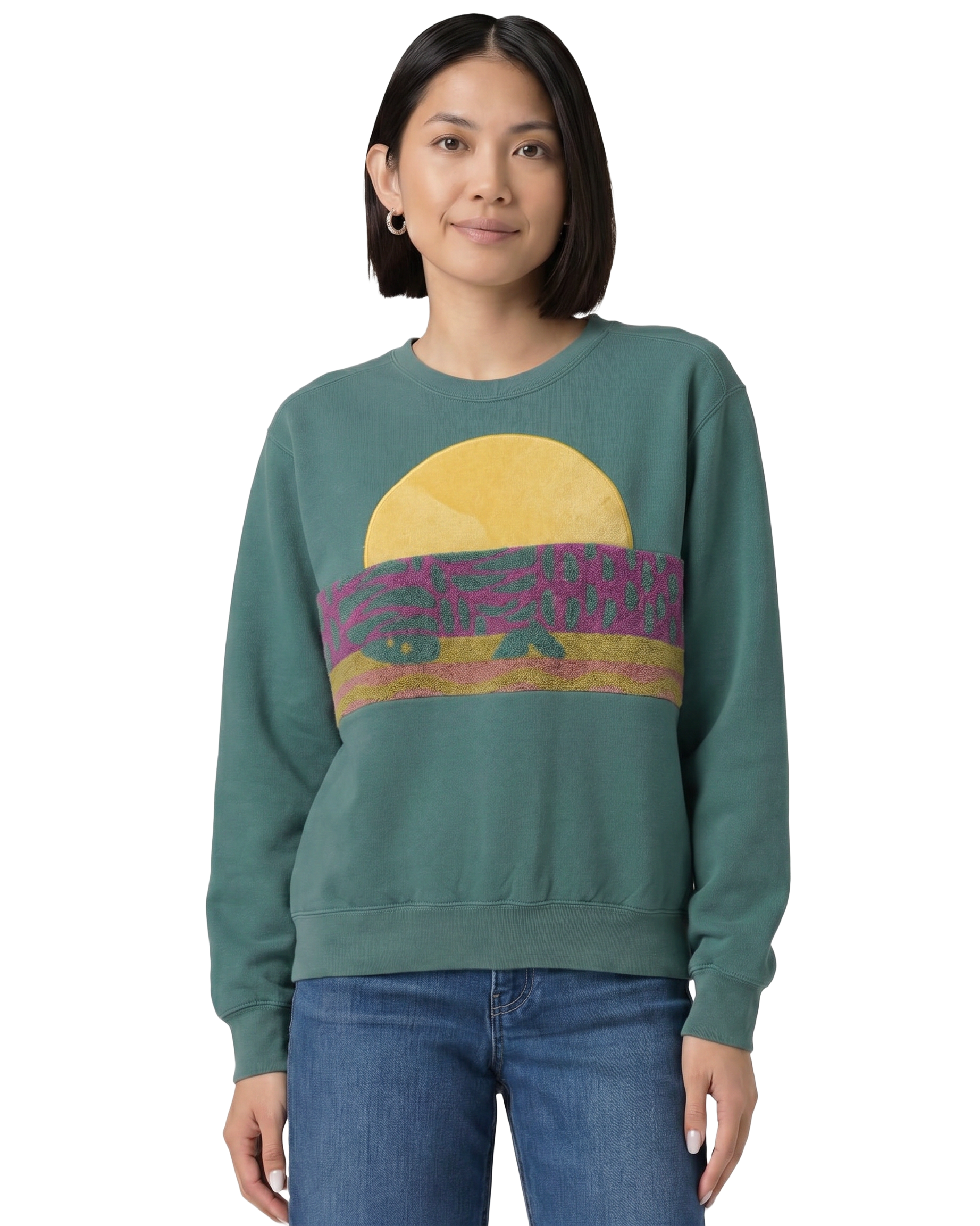 Small Light Jade Sunset Chaser "Waves of Joy" — one-of-a-kind upcycled vintage beach towel sweatshirt, handmade by Kspek