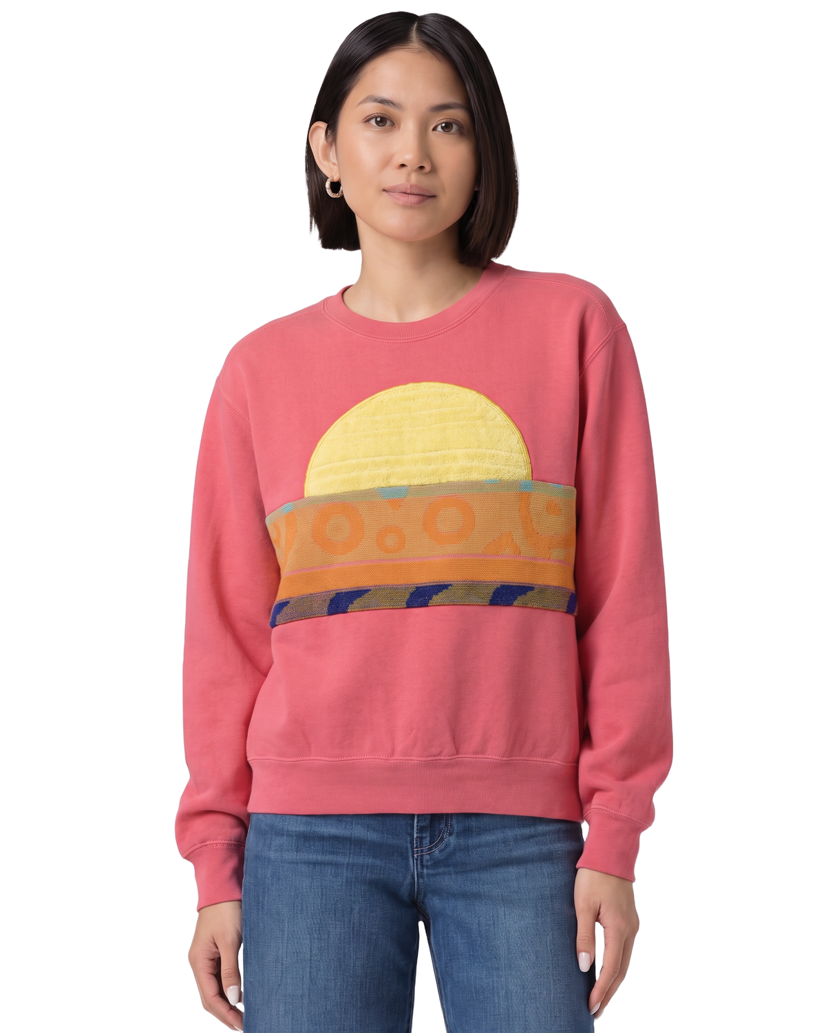 Small Watermelon Sunset Chaser "Orbital Sundial" — one-of-a-kind upcycled vintage beach towel sweatshirt, handmade by Kspek, view 2