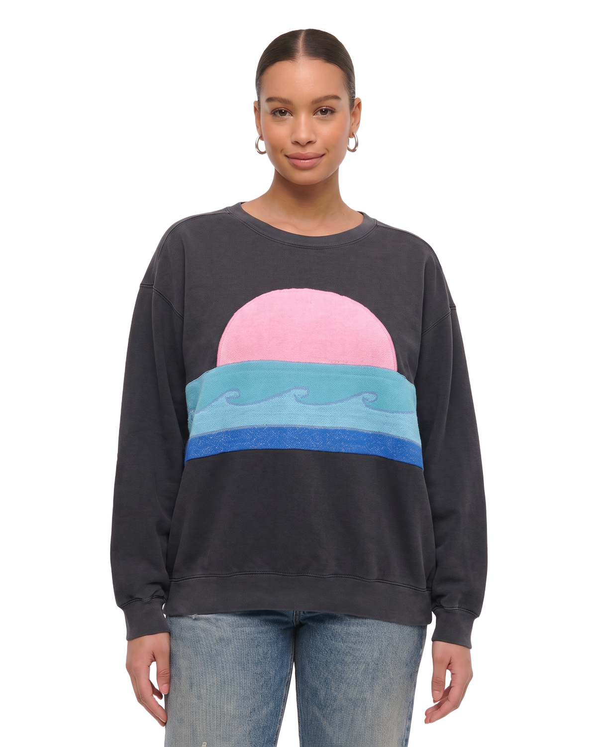 Large Pepper Sunset Chaser "Bubblegum Horizon" — one-of-a-kind upcycled vintage beach towel sweatshirt, handmade by Kspek, view 2