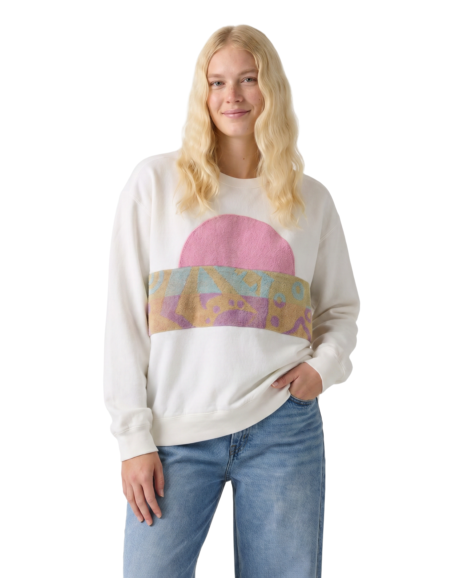 Medium White Sunset Chaser "Coastal Echo" — one-of-a-kind upcycled vintage beach towel sweatshirt, handmade by Kspek