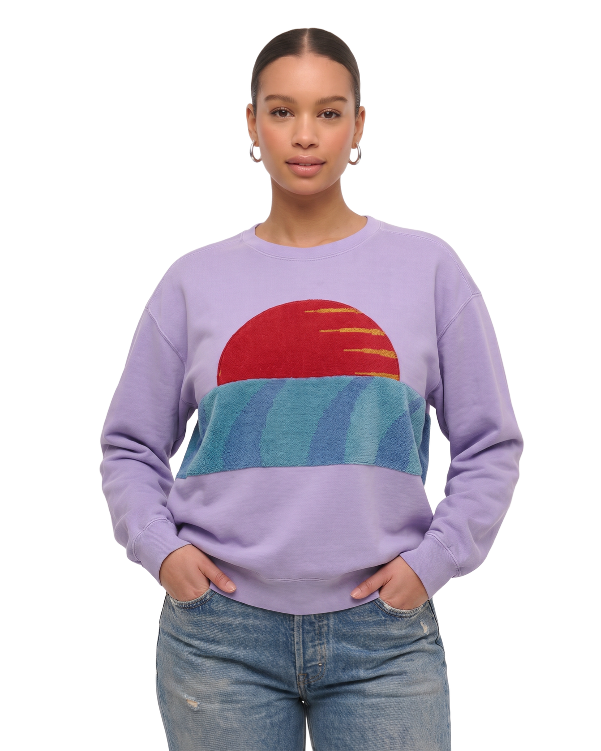 Large Lavender Sunset Chaser "Red Sun Surf" — one-of-a-kind upcycled vintage beach towel sweatshirt, handmade by Kspek, view 2