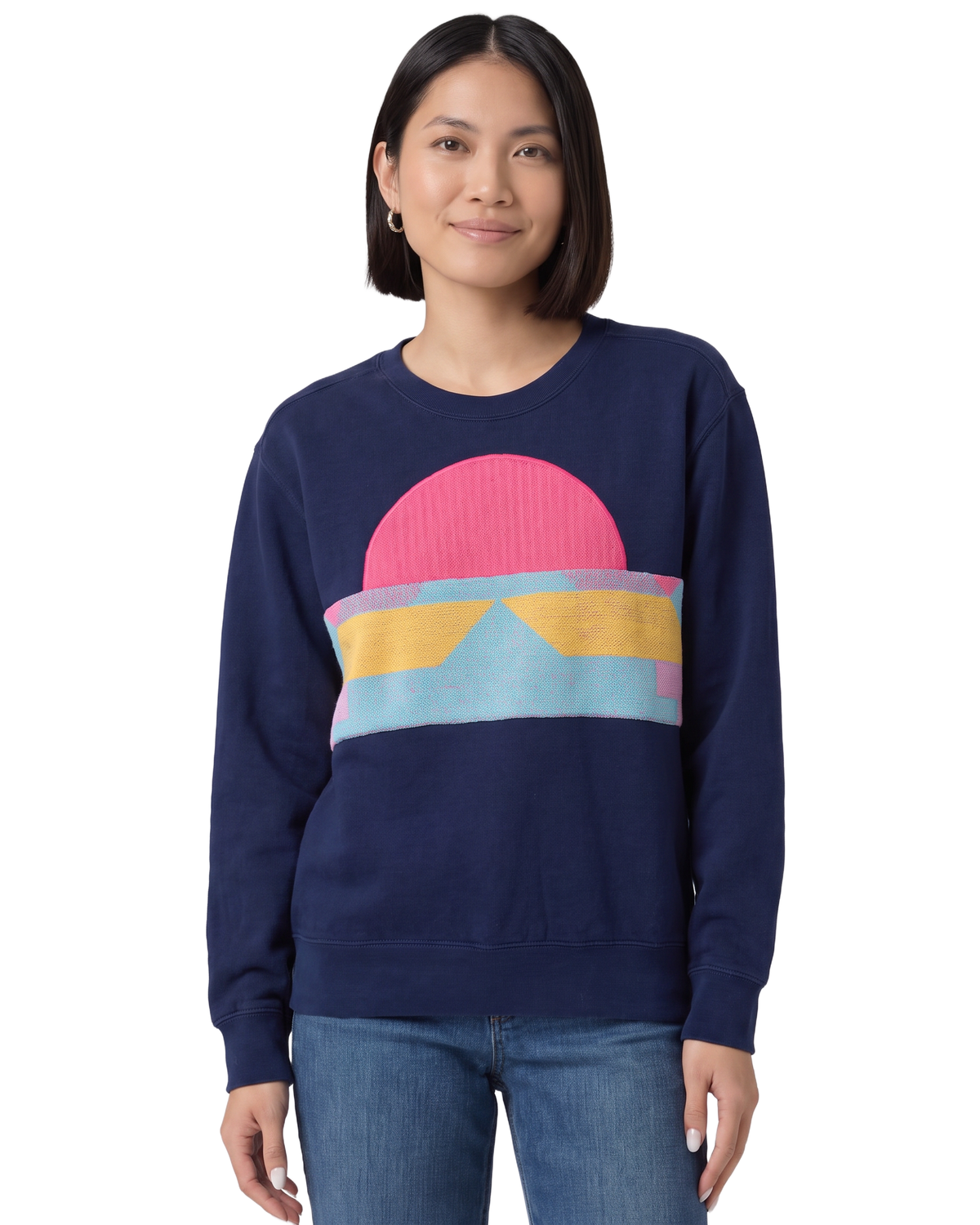 Small Navy Sunset Chaser "Canyon Sunset Arch" — one-of-a-kind upcycled vintage beach towel sweatshirt, handmade by Kspek, view 2