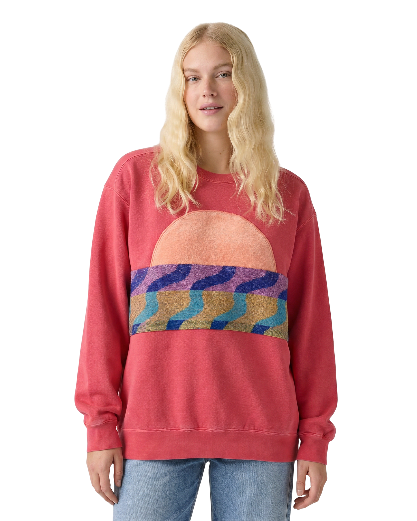 Medium Watermelon Sunset Chaser "Beach Bliss" — one-of-a-kind upcycled vintage beach towel sweatshirt, handmade by Kspek