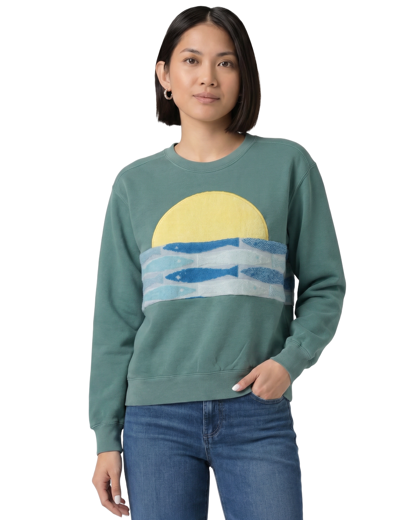 Small Light Jade Sunset Chaser "Coastal Harmony" — one-of-a-kind upcycled vintage beach towel sweatshirt, handmade by Kspek