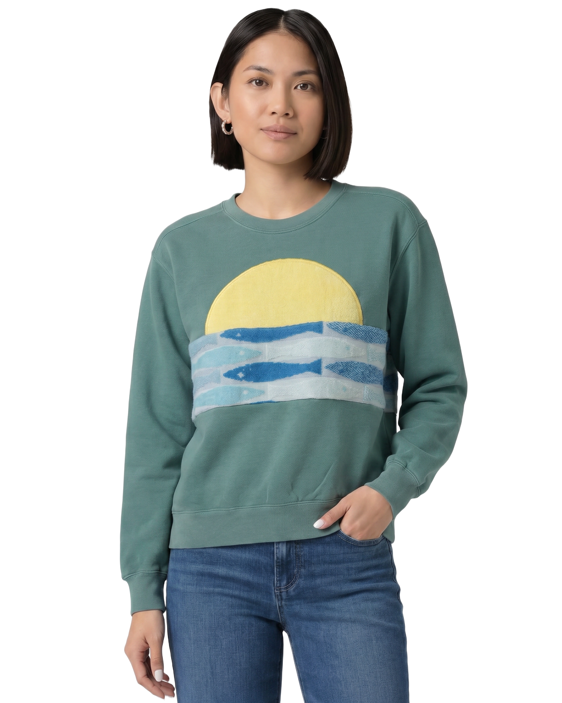 Small Light Jade Sunset Chaser "Coastal Harmony" — one-of-a-kind upcycled vintage beach towel sweatshirt, handmade by Kspek