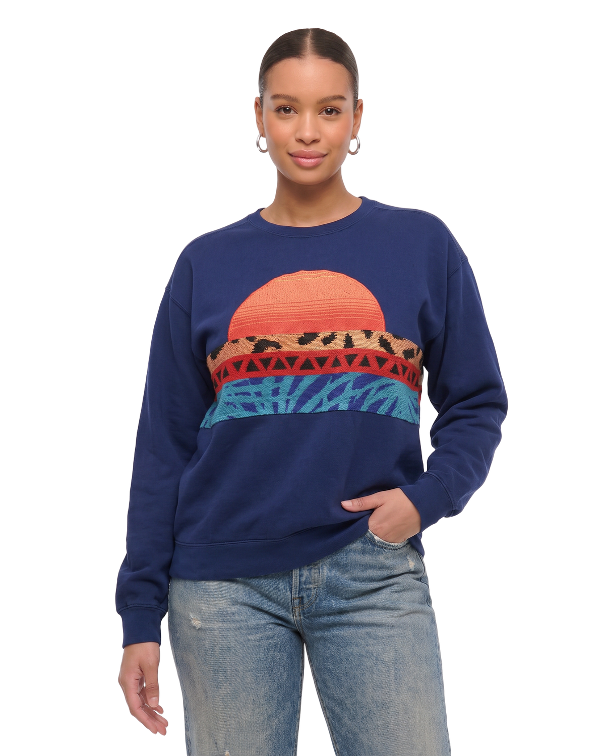 Large Navy Sunset Chaser "Leopard Sunbeam" — one-of-a-kind upcycled vintage beach towel sweatshirt, handmade by Kspek, view 2