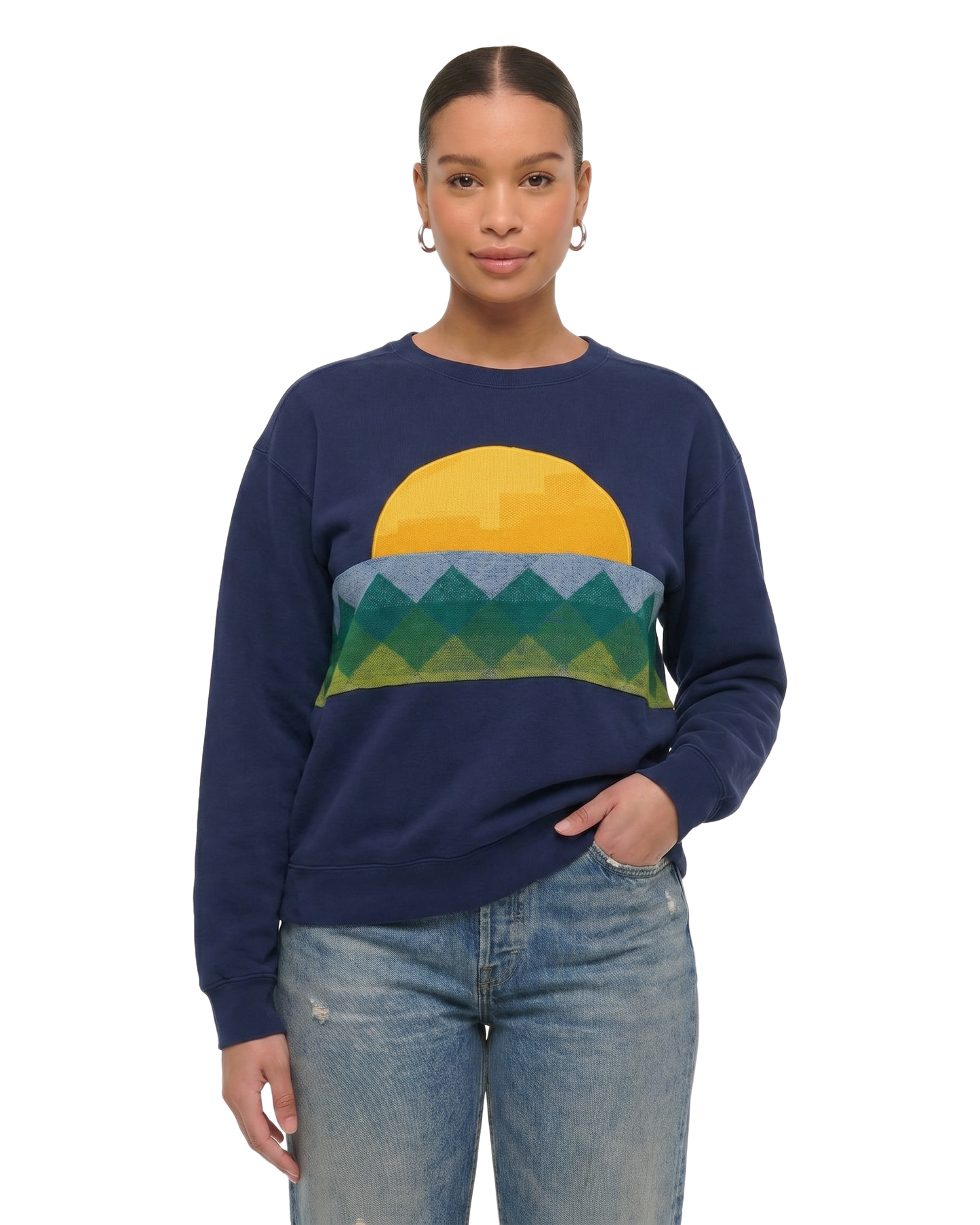 Large Navy Sunset Chaser "Golden Horizon" — one-of-a-kind upcycled vintage beach towel sweatshirt, handmade by Kspek