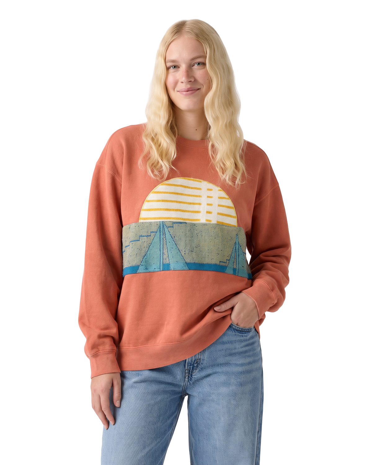 Medium Terracotta Sunset Chaser "Sailboat Sunset" — one-of-a-kind upcycled vintage beach towel sweatshirt, handmade by Kspek, view 2
